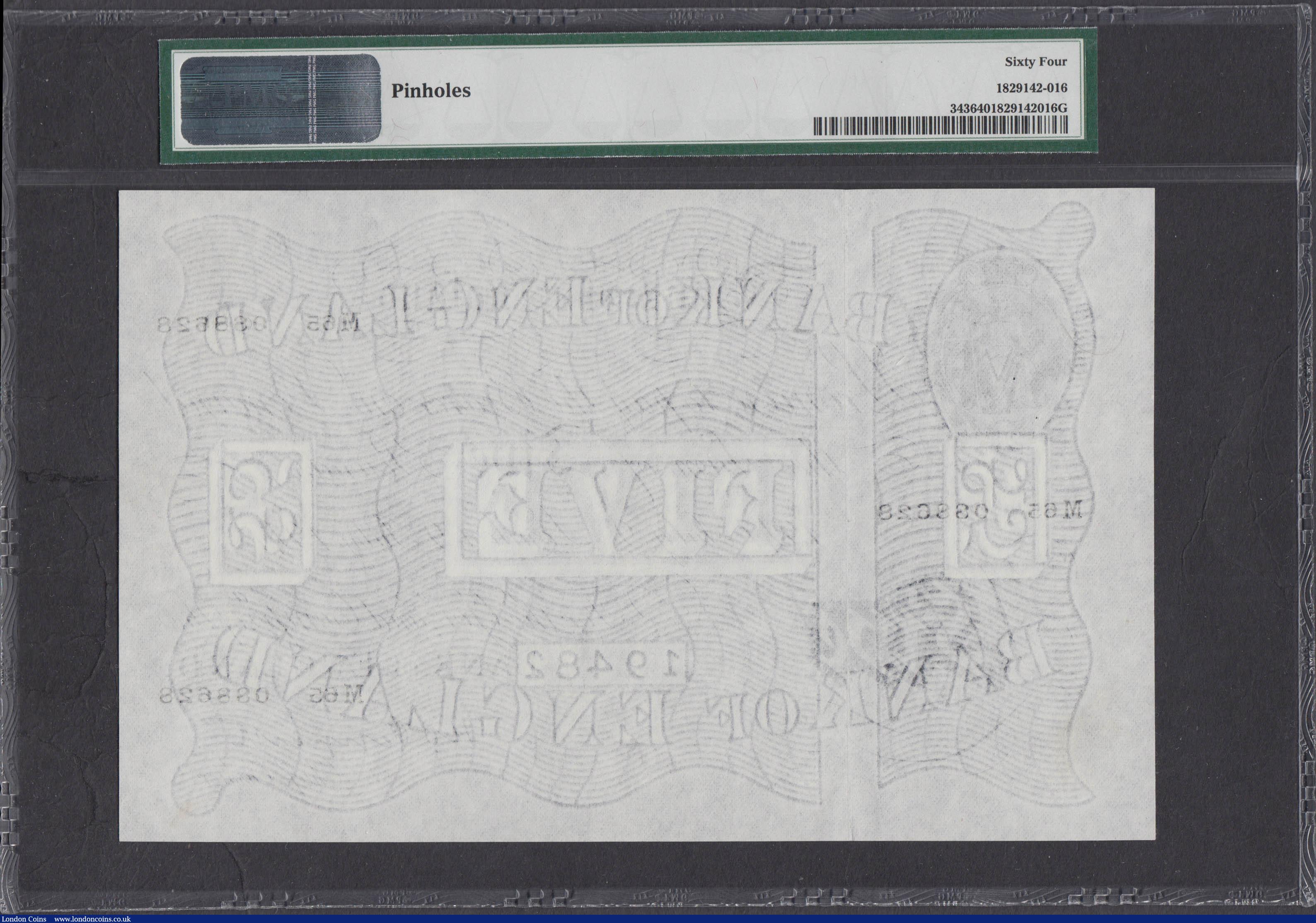London Coins : A168 : Lot 53 : Five Pounds&nbsp;Peppiatt&nbsp;White&nbsp;Note&nbsp;B264 Fourth Post-war Period Thin paper Metal thr...