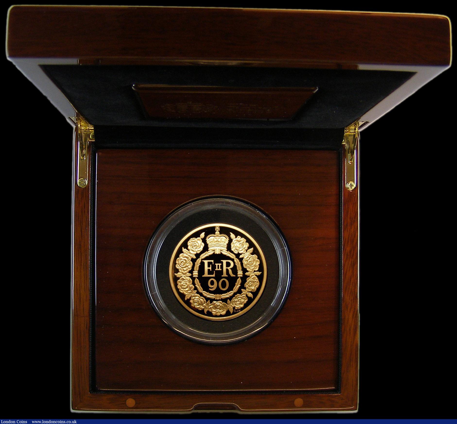 London Coins : A168 : Lot 566 : Ten Pounds 2016 Queen Elizabeth II 90th Birthday 5oz. Gold Proof S.M8 nFDC with a small tone spot on...