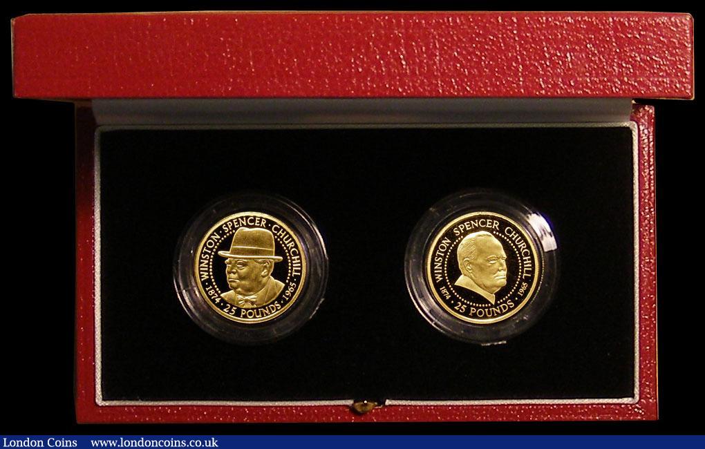 London Coins : A168 : Lot 635 : Alderney and Guernsey two coin Twenty Five Pounds Gold Proof Set 1999 Winston Churchill FDC cased as...
