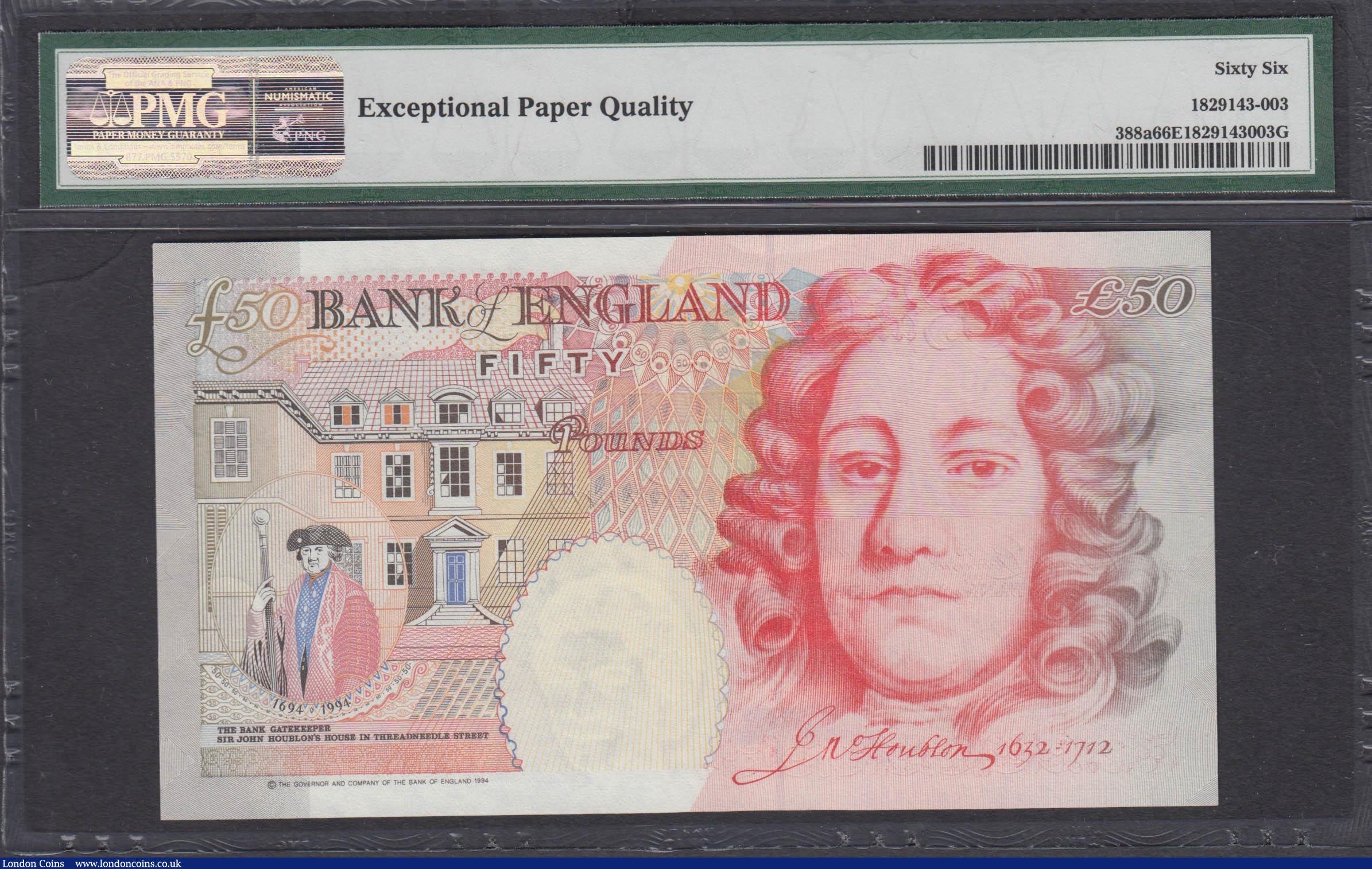 London Coins : A168 : Lot 82 : Fifty Pounds&nbsp;Kentfield&nbsp;QE2 & Sir John Houblon&nbsp;B377&nbsp;Silver Foil Tudor Rose is...