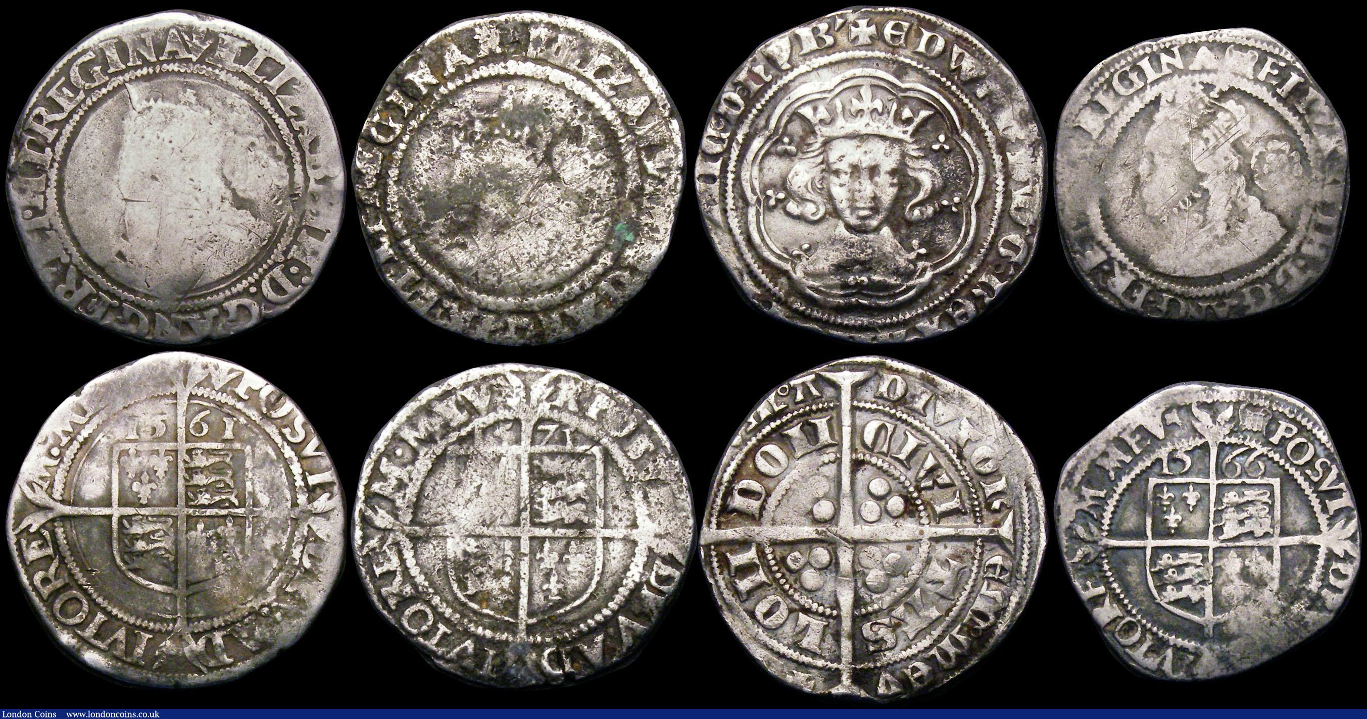 London Coins : A169 : Lot 1209 : Hammered a small group (8) Shillings (3) Edward VI Fine Silver Issue, (1551-1553) Mintmark Tun. Jame...