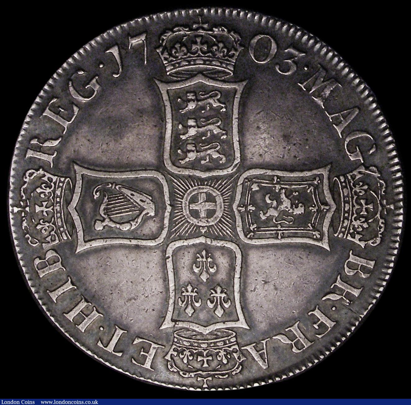 London Coins : A169 : Lot 1289 : Crown 1703 VIGO ESC 99, Bull 1340 VF or very near so with some light haymarking and some edge nicks,...
