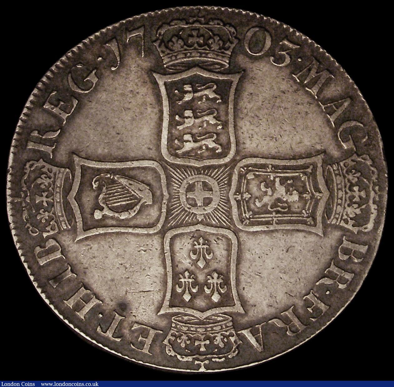 London Coins : A169 : Lot 1290 : Crown 1703 VIGO, TERTIO edge, ESC 99, Bull 1340, the R in TERTIO overstruck, the underlying letter u...