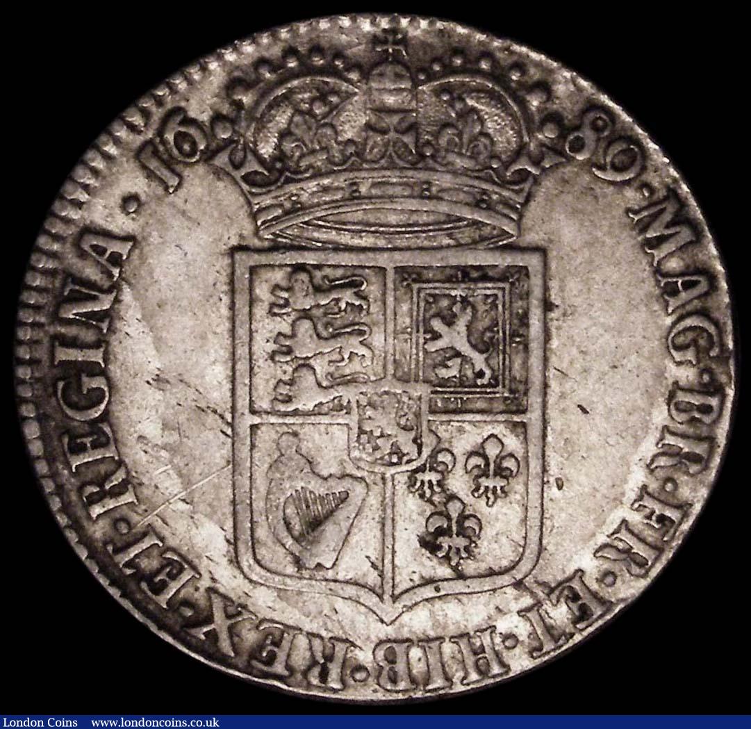 London Coins : A169 : Lot 1545 : Halfcrown 1689 First Shield, Caul only frosted, with pearls ESC 505, Bull831 Fine or better with som...