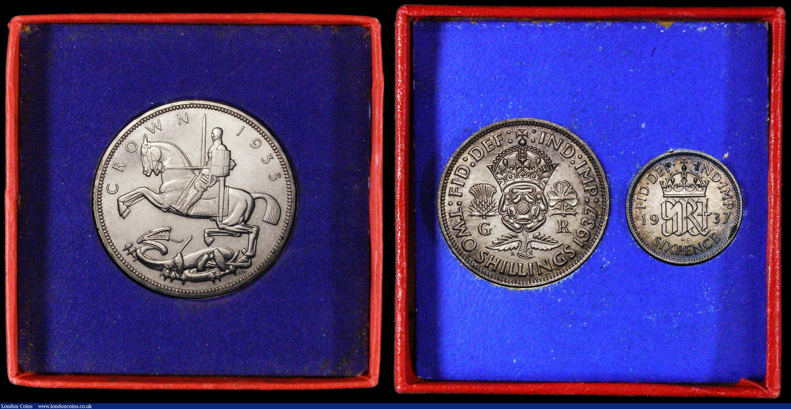 London Coins : A169 : Lot 2016 : Crown 1935 Specimen ESC 376, Bull 3652 UNC in the red box of issue, Halfcrowns 1935 (2) ESC 784, Bul...