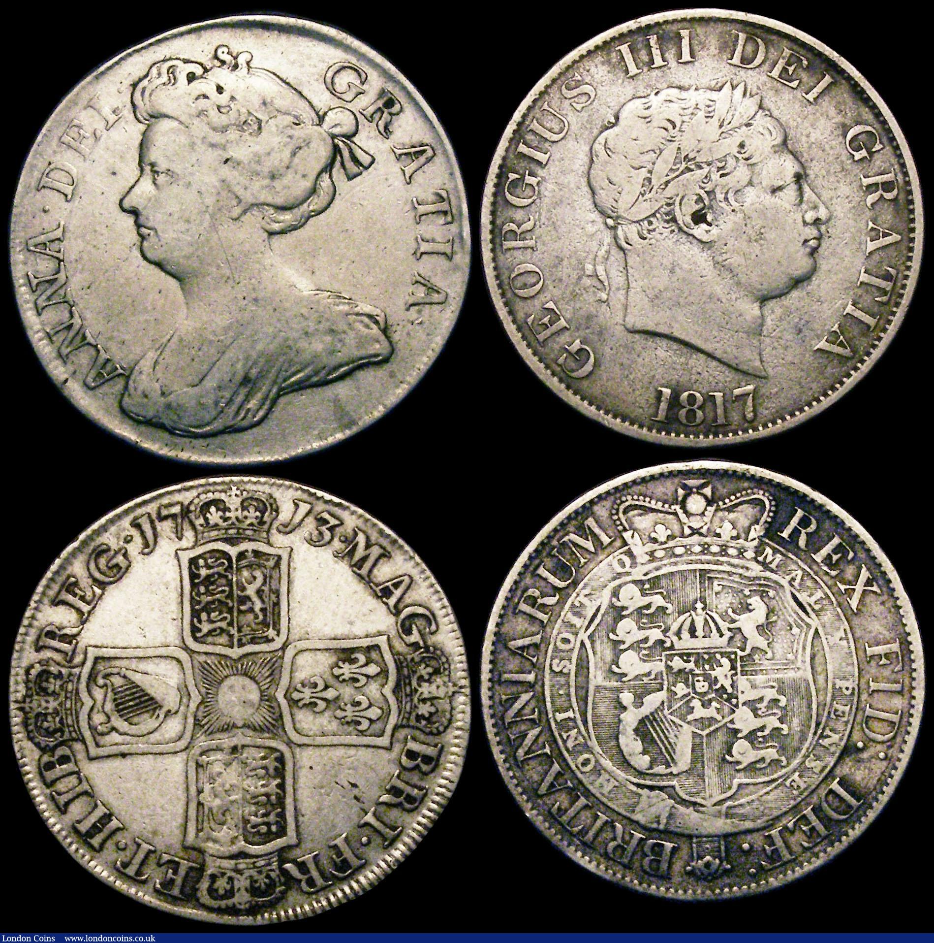London Coins : A169 : Lot 2018 : Crowns (2) 1670 VICESIMO SECVNDO, 1696 OCTAVO, Halfcrowns (2) 1713 Plain in angles with NNO for ANNO...