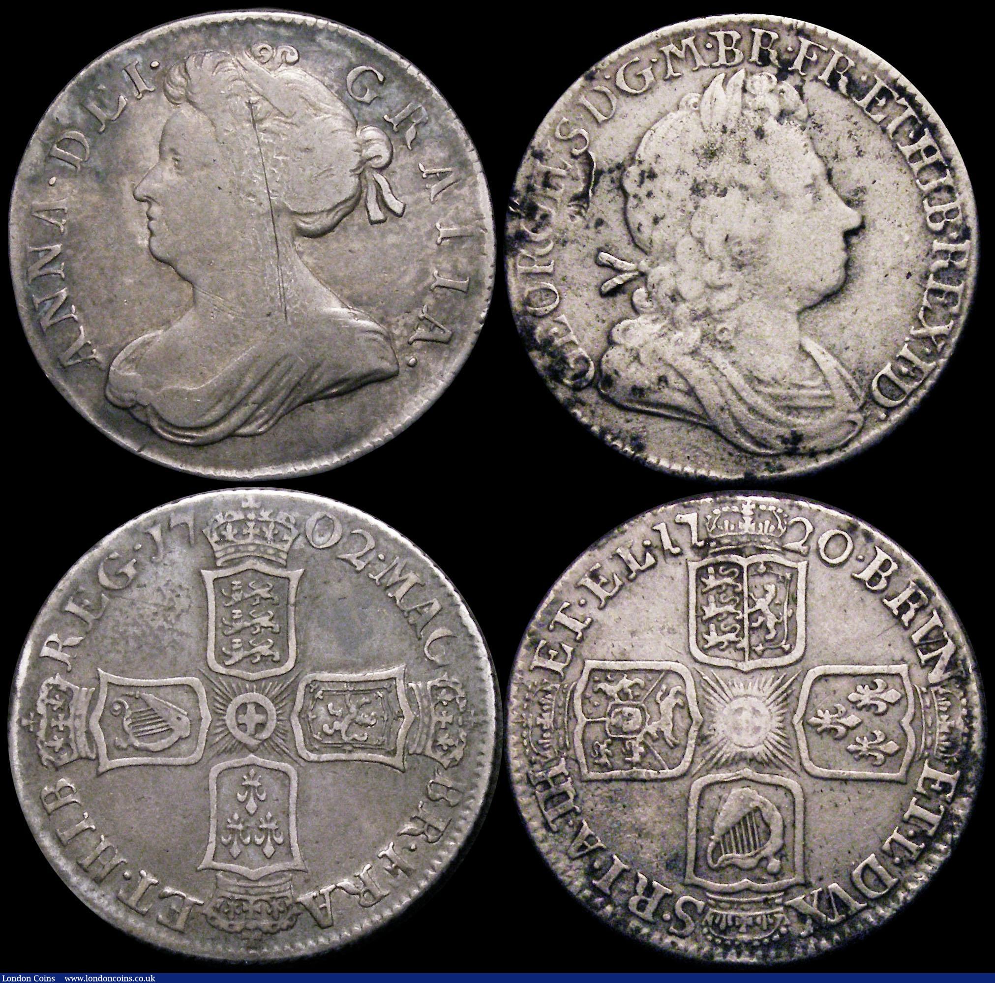 London Coins : A169 : Lot 2101 : Shillings (4) 1663 First Bust variety NVG/VG, 1686 VG, 1702 VG/Near Fine, 1720 Plain in angles VG/Fi...
