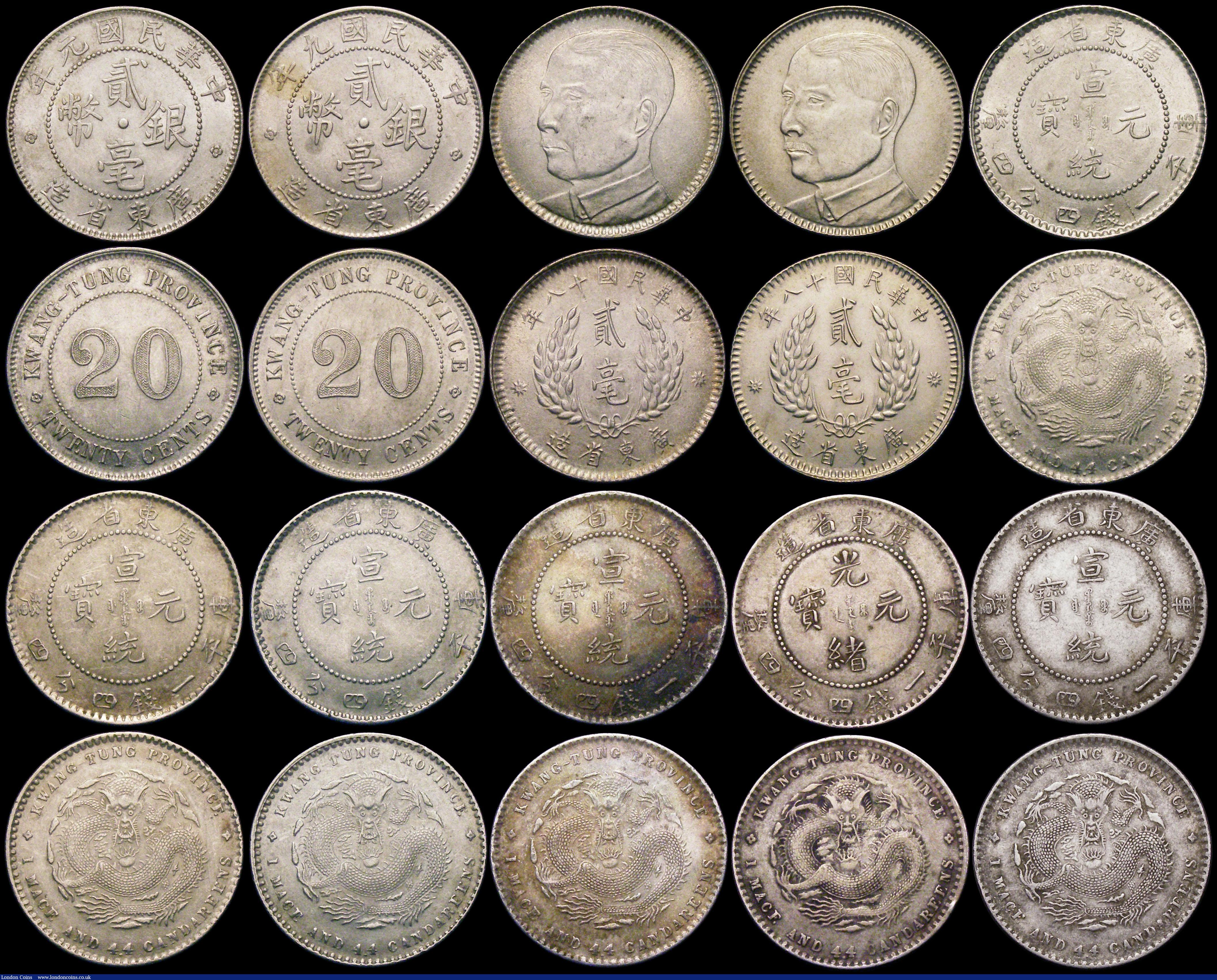 London Coins : A169 : Lot 2141 : China - Kwang-Tung Province 20 Cents (20) undated 1890-1908 issues Y#201 (8) NVF to EF, Y#423 (8) Ye...