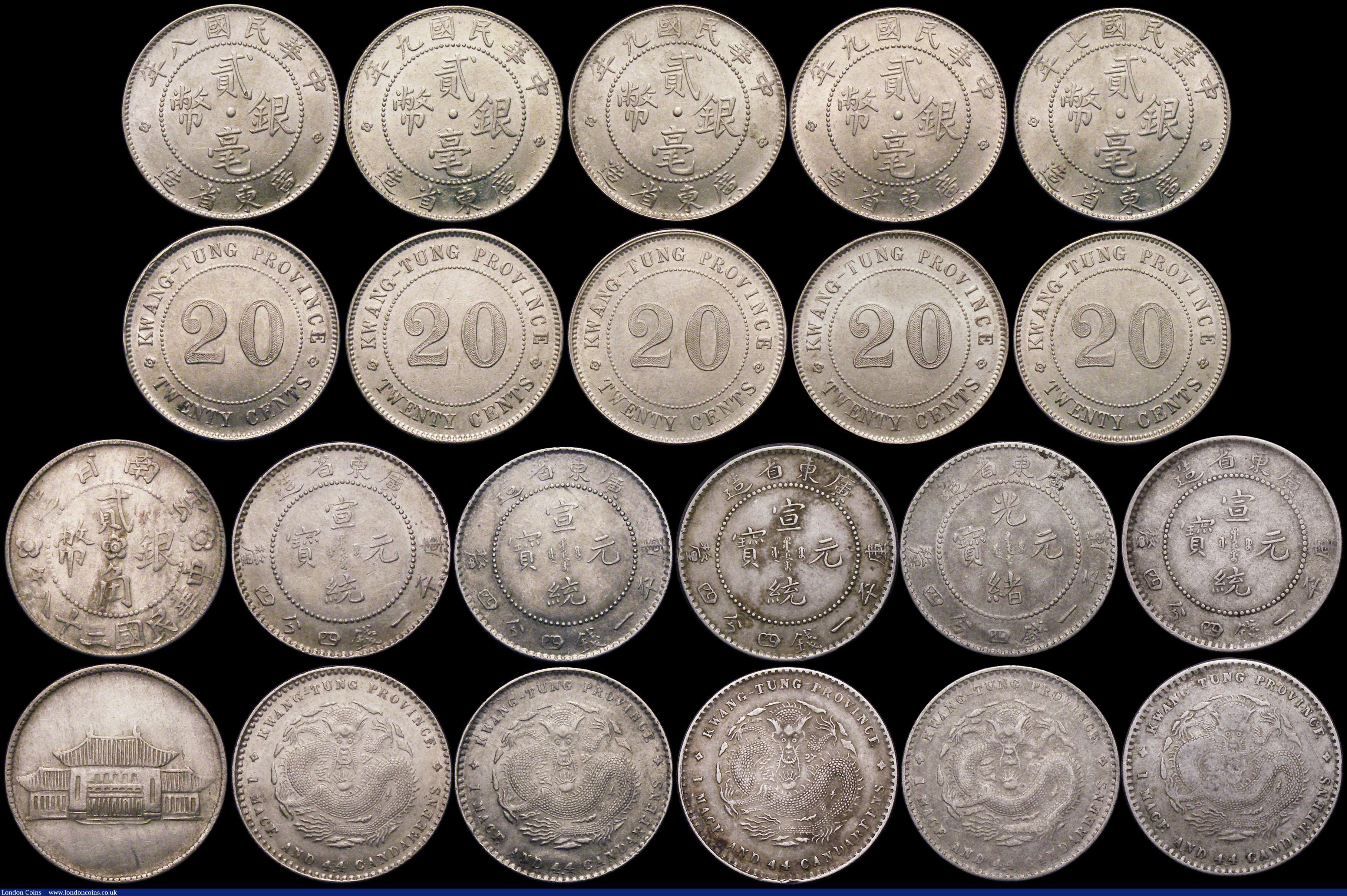 London Coins : A169 : Lot 2142 : China - Kwang-Tung Province 20 Cents (21) undated 1890-1908 issues Y#201 (5) one GF, the others NVF ...
