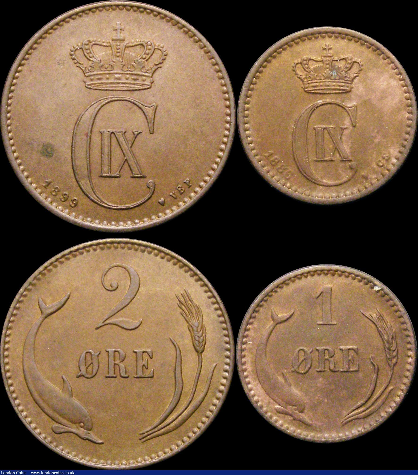 London Coins : A169 : Lot 2153 : Denmark (4) 2 Ore (3) 1874 (h) CS KM#793.1 Toned UNC, 1889 (h) CS KM#793.1 EF, 1899 (h) VBP KM#793.2...