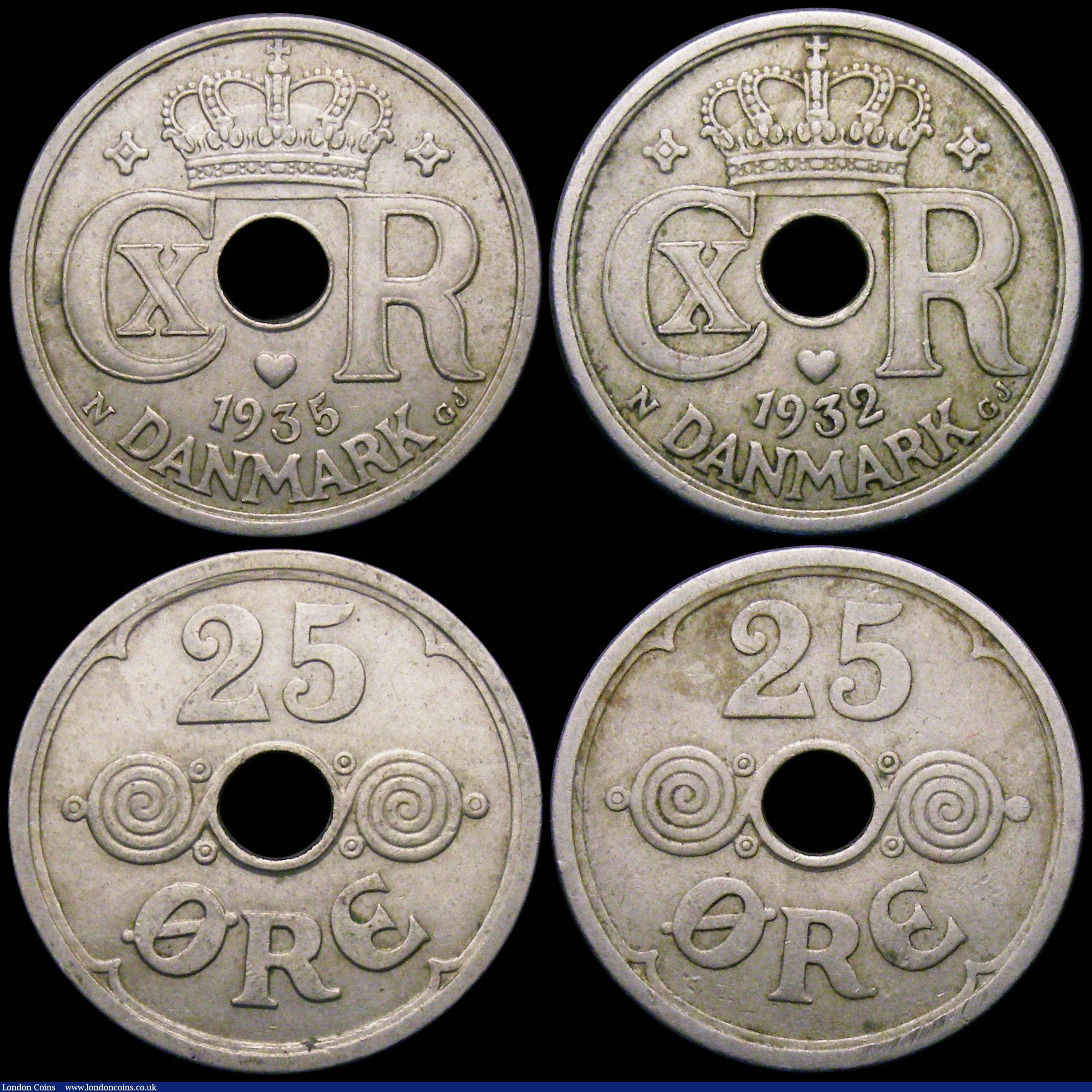 London Coins : A169 : Lot 2155 : Denmark (4) Krone 1935 (h) N GJ KM#824.2 NEF with some flan flaws, 25 Ore (3) 1932 (h) N GJ NVF, 193...