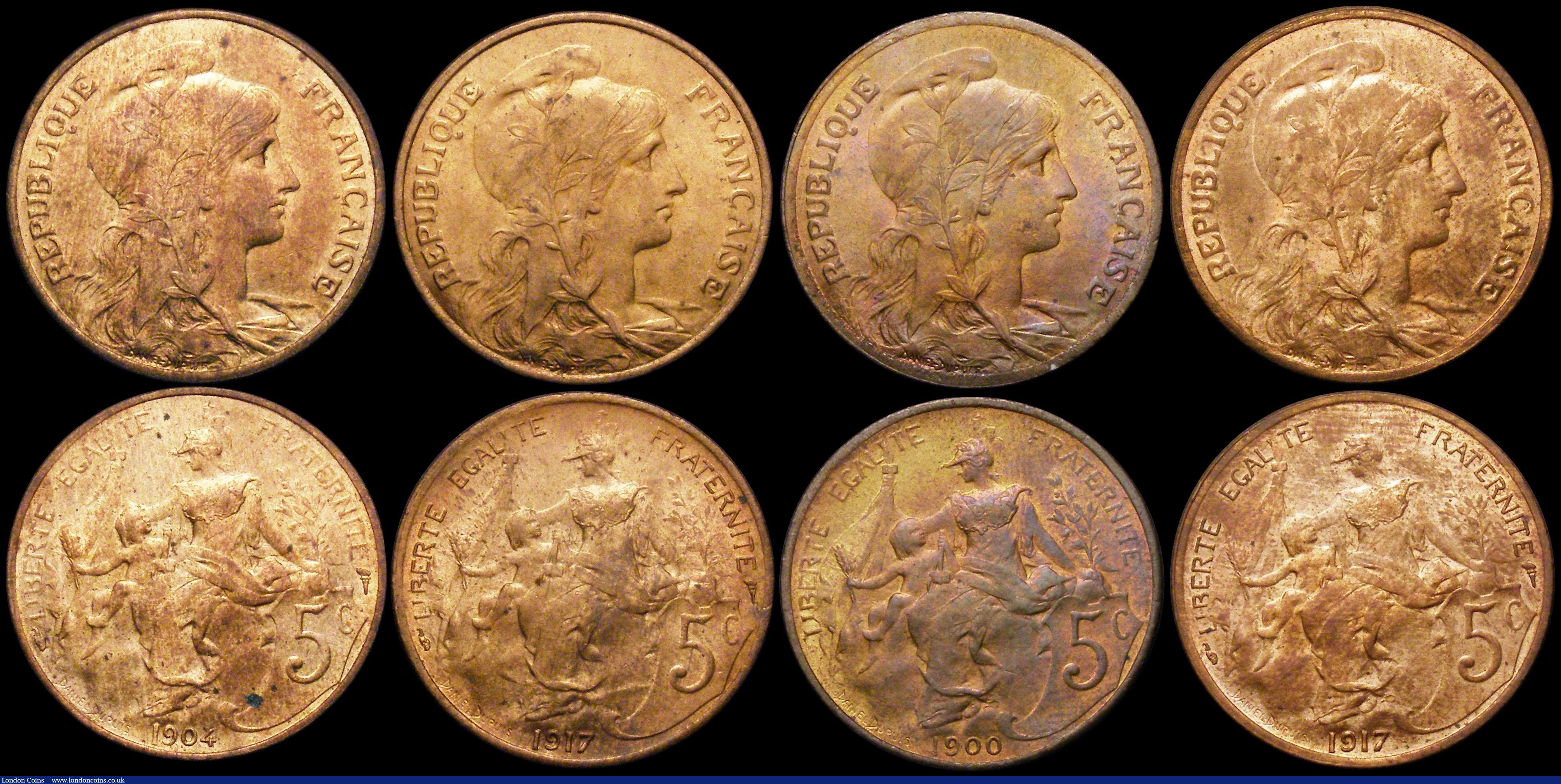 London Coins : A169 : Lot 2173 : France 5 Centimes (8) 1900 KM#842 , 1904 KM#842, 1917 KM#842 (6), the 1900 UNC and colourfully toned...