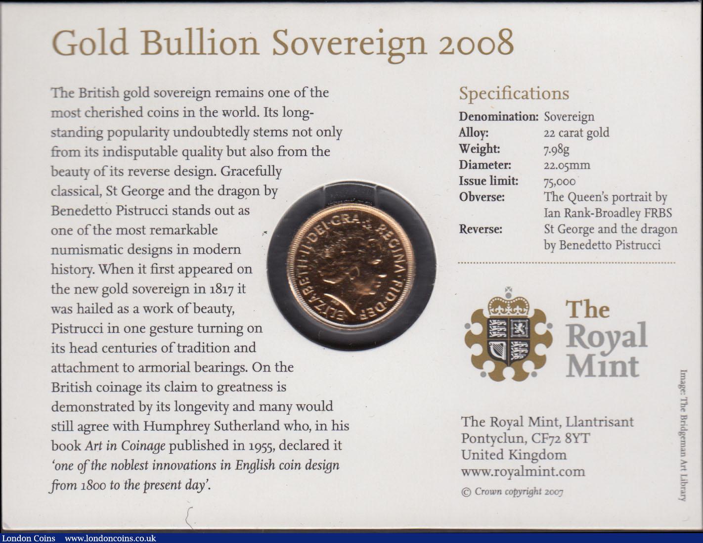 London Coins : A169 : Lot 613 : Sovereign 2008 S.SC4 Lustrous UNC on the Royal Mint card of issue