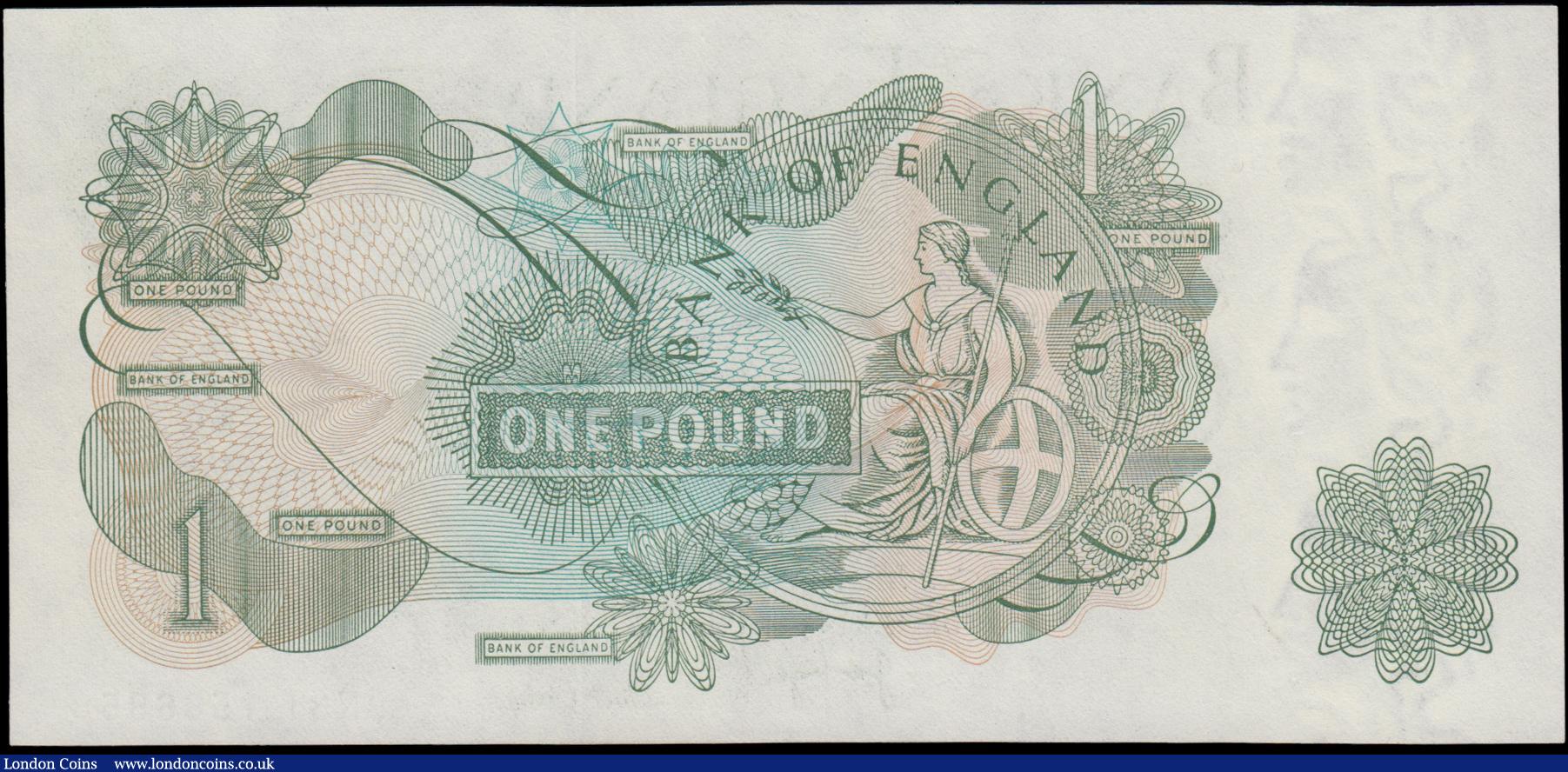 London Coins : A169 : Lot 65 : One Pound Page QE2 portrait & seated Britannia ERROR note B322 (BY Error Ref. E3f(iii)) issue 19...