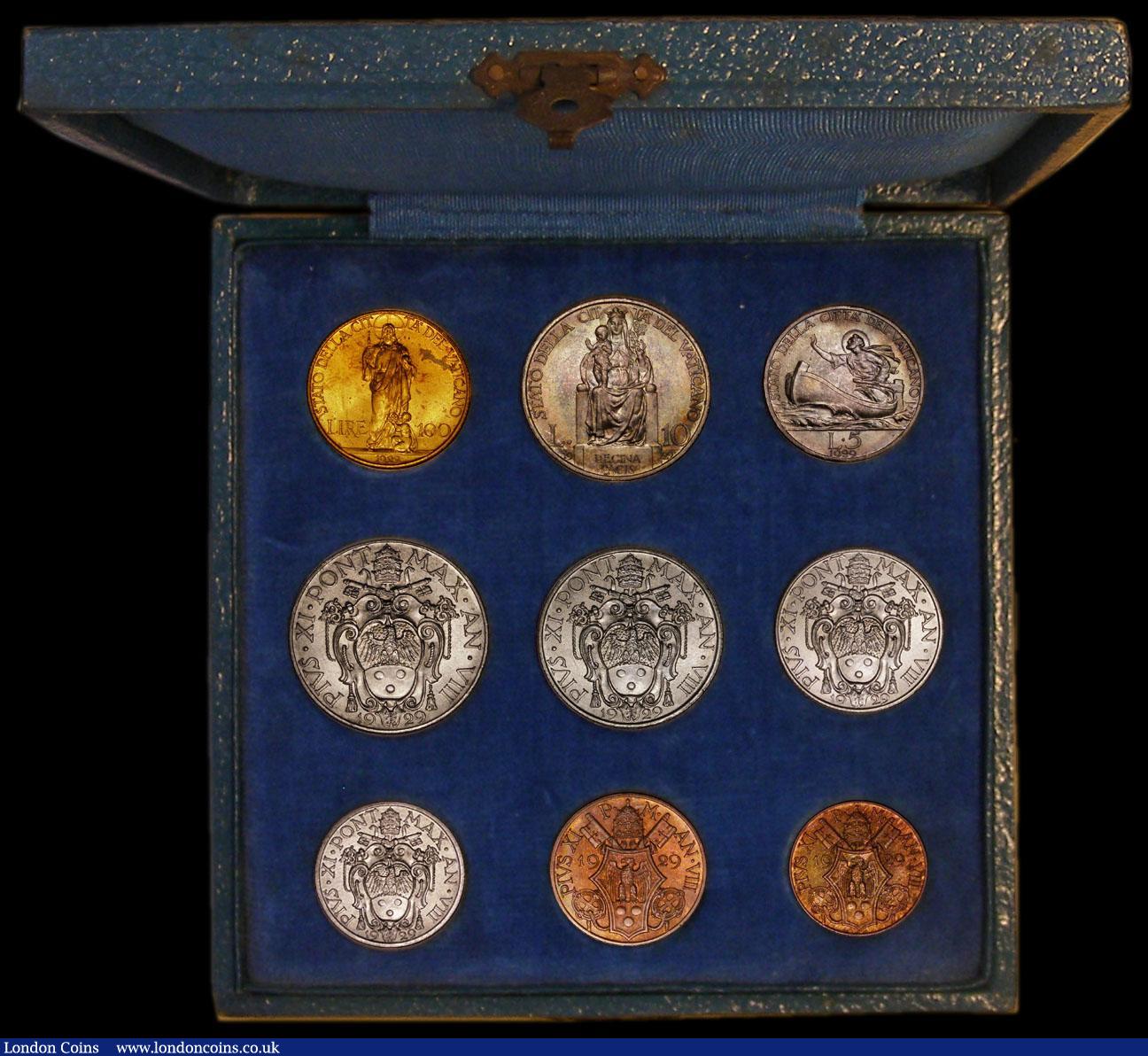 London Coins : A169 : Lot 824 : Vatican City Mint Set 1929 9 coin set with the 100 Lire Gold issue, first year of issue KM MS1 10,00...