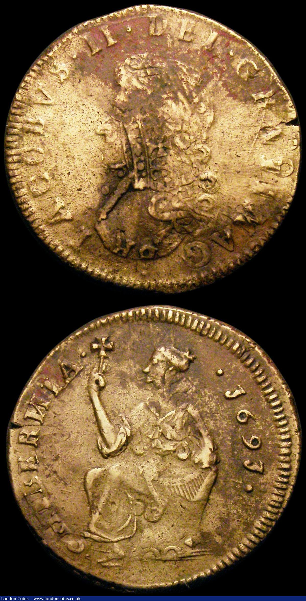 London Coins : A169 : Lot 982 : Ireland (2) Halfpenny 1691 Limerick besieged S.6594 GF/VF for type, unevenly toned with a small edge...