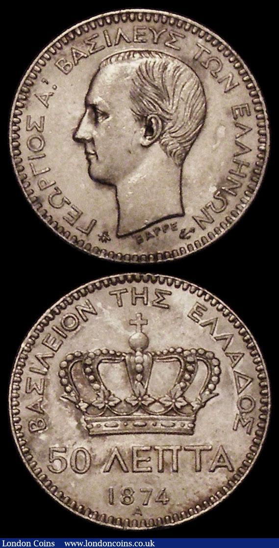 London Coins : A170 : Lot 1036 : Greece (2) 50 Lepta 1874A KM#37 GEF/AU and lustrous, One Drachma 1873A About VF/VF toned and a darke...