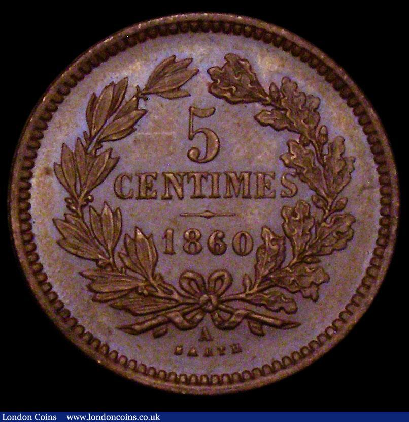 London Coins : A170 : Lot 1109 : Luxembourg 5 Centimes 1860 KM#22.2 UNC with minor cabinet friction, a pleasing and even blue tone, v...