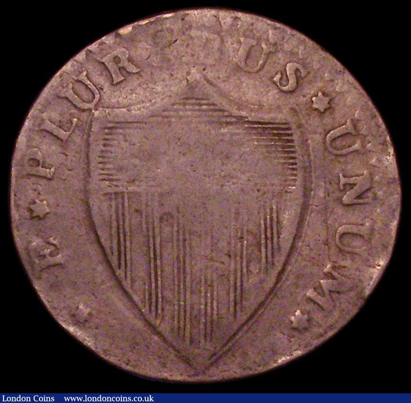London Coins : A170 : Lot 1259 : USA Halfpenny 1787 New Jersey, Obverse: short grips the highest of which points to the left upright ...