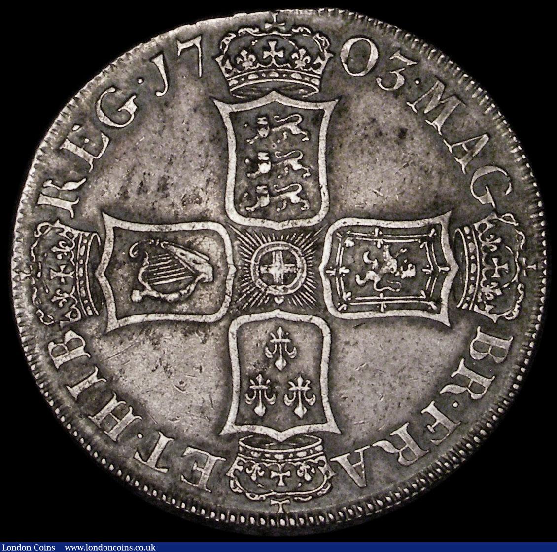 London Coins : A170 : Lot 1370 : Crown 1703 VIGO ESC 99 Obverse GVF, Reverse VF or better, with a pleasing grey tone, Ex-Spink