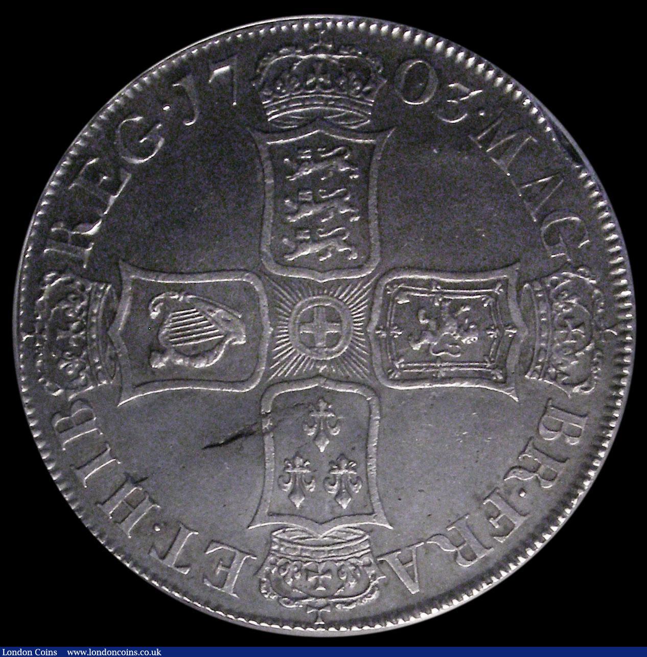 London Coins : A170 : Lot 1371 : Crown 1703 VIGO ESC 99, Bull 1340 GVF with some haymarking, overall a nicely struck example with an ...