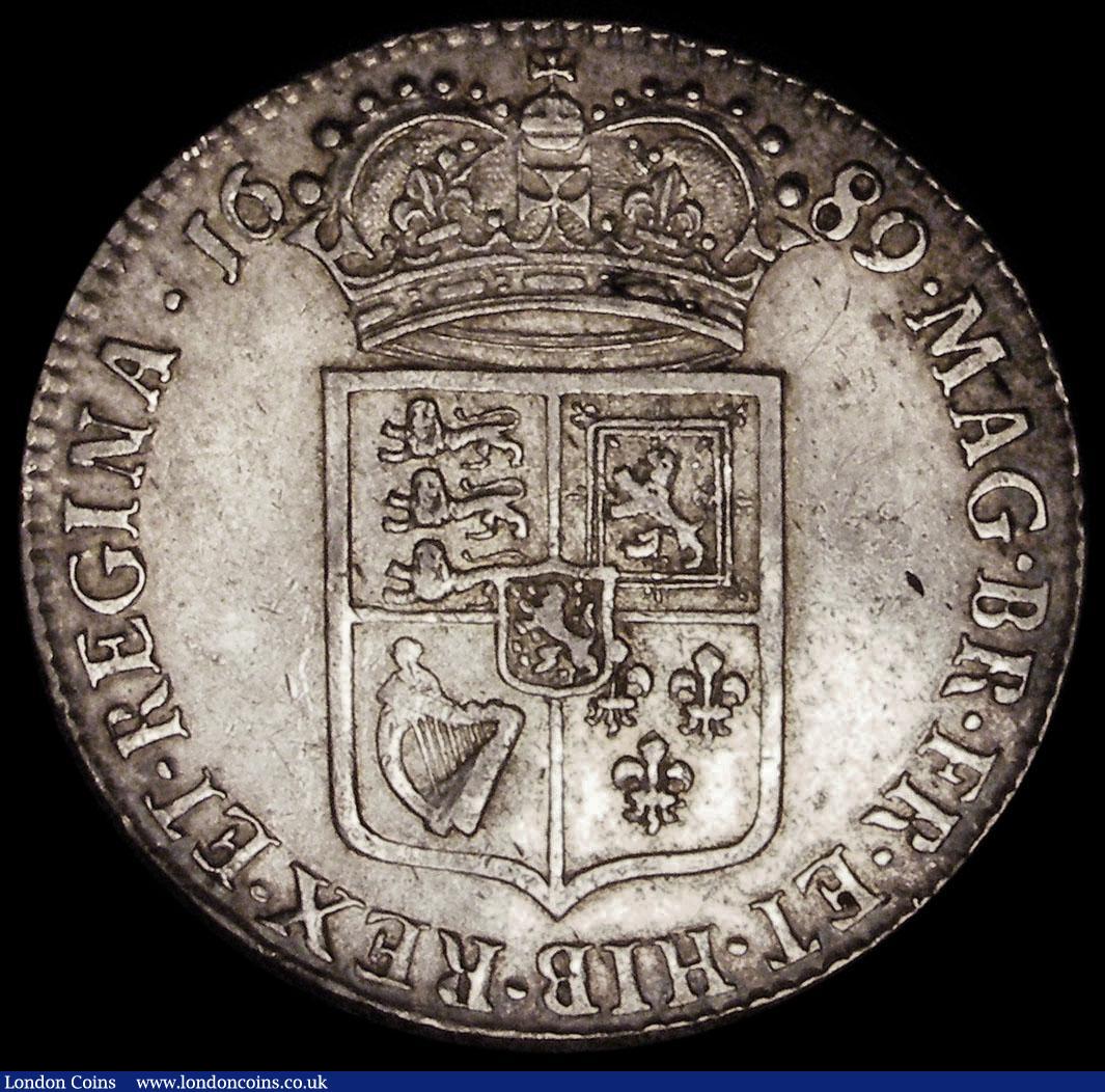 London Coins : A170 : Lot 1689 : Halfcrown 1689 First Shield, Caul only frosted, with pearls, ESC 505, Bull 831 NVF/VF the obverse wi...