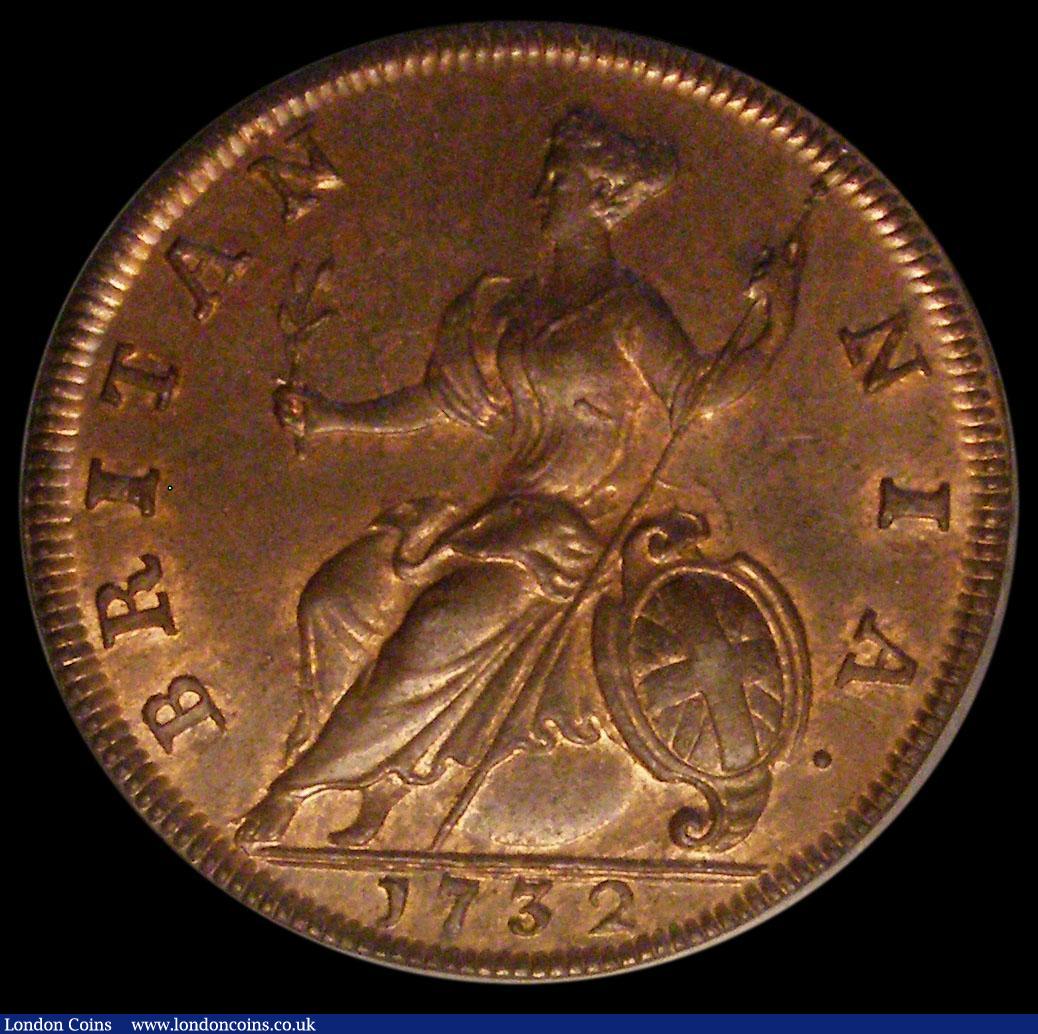 London Coins : A170 : Lot 1861 : Halfpenny 1732 Peck 842 Choice UNC with a hint of lustre, graded LCGS 85 and in their holder. A trul...