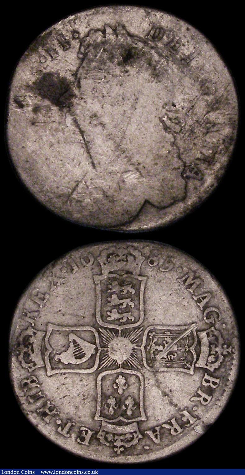 London Coins : A170 : Lot 1956 : Shilling 1685 ESC 1068, Bull 760 Poor/VG, Halfpenny 1694 E's on obverse appear similar to B...