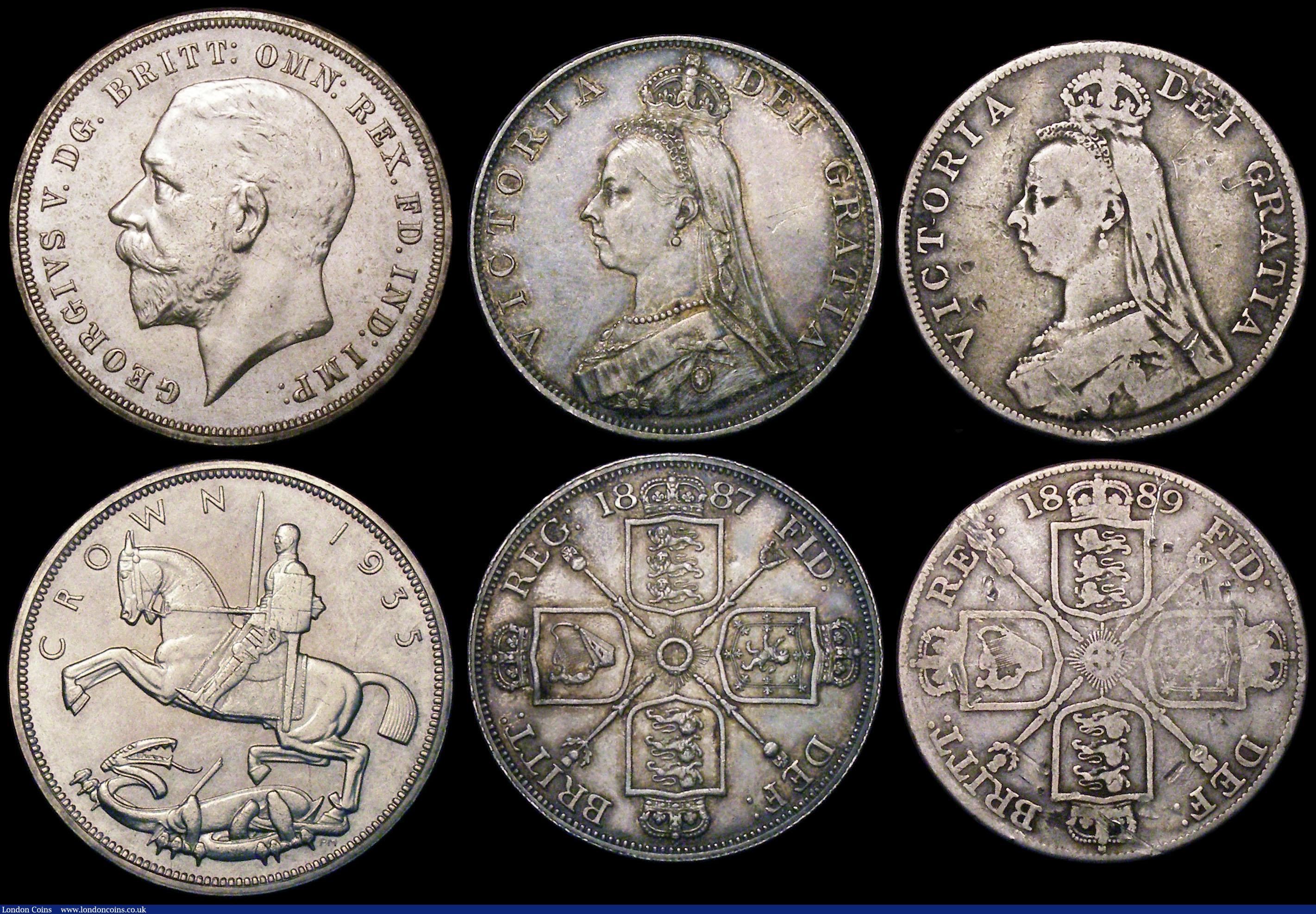 London Coins : A170 : Lot 2483 : Crowns (5) George III date worn (LIX edge, 1818 or 1819), otherwise NVG, 1821 SECUNDO VG, 1887 Near ...