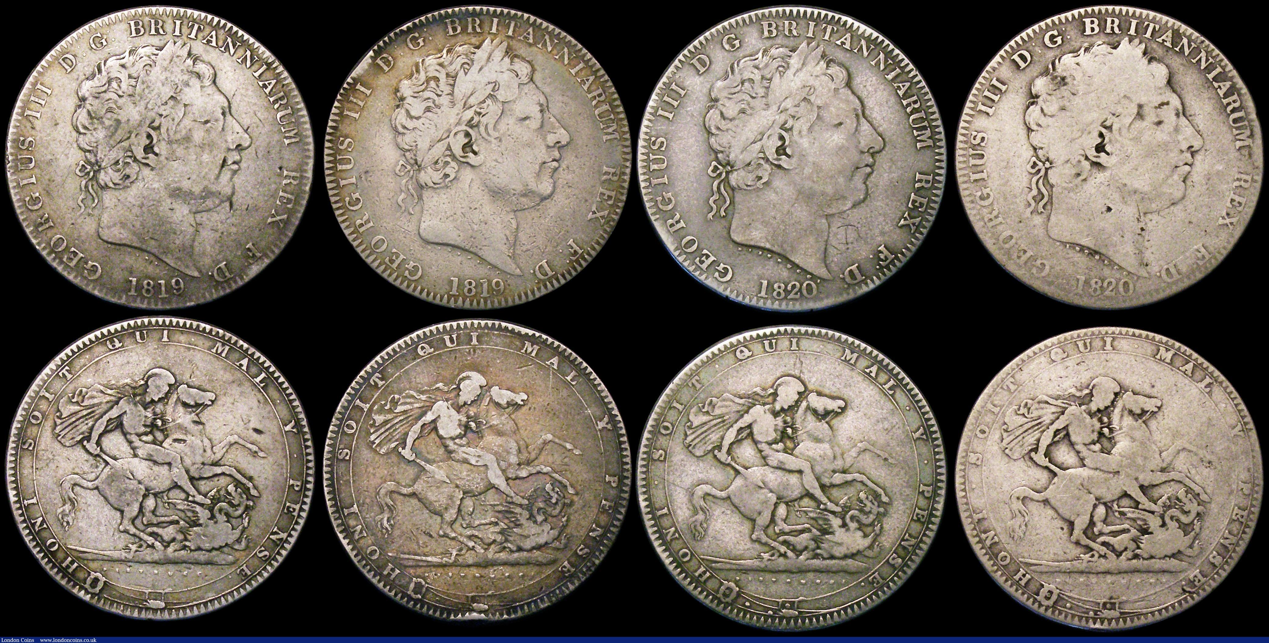 London Coins : A170 : Lot 2488 : Crowns George III (7) 1818 LIX, 1819 LIX (3), 1819 LX, 1820 LX (2) NVG to VG, one with a d-shaped sc...