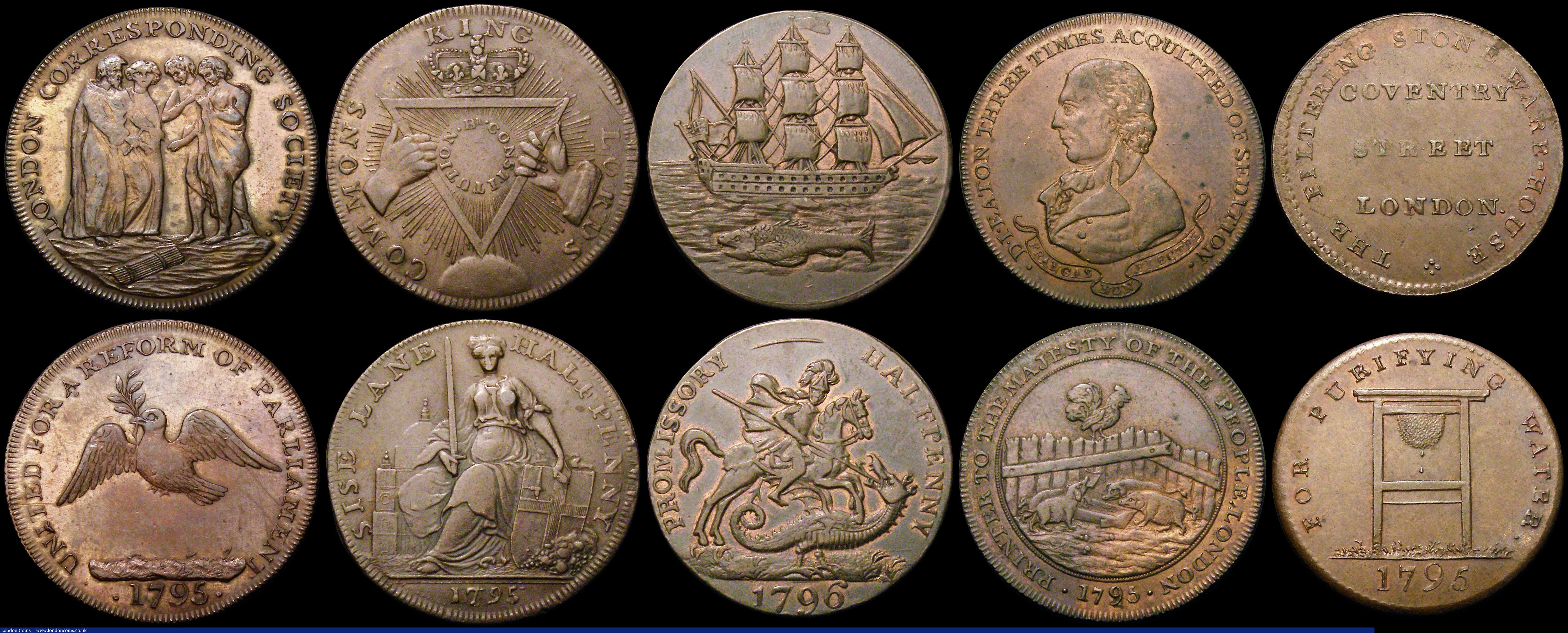 London Coins : A170 : Lot 306 : Halfpennies 18th Century (10) a high grade group, Middlesex (9) 1795 Corresponding Society Obv: The ...