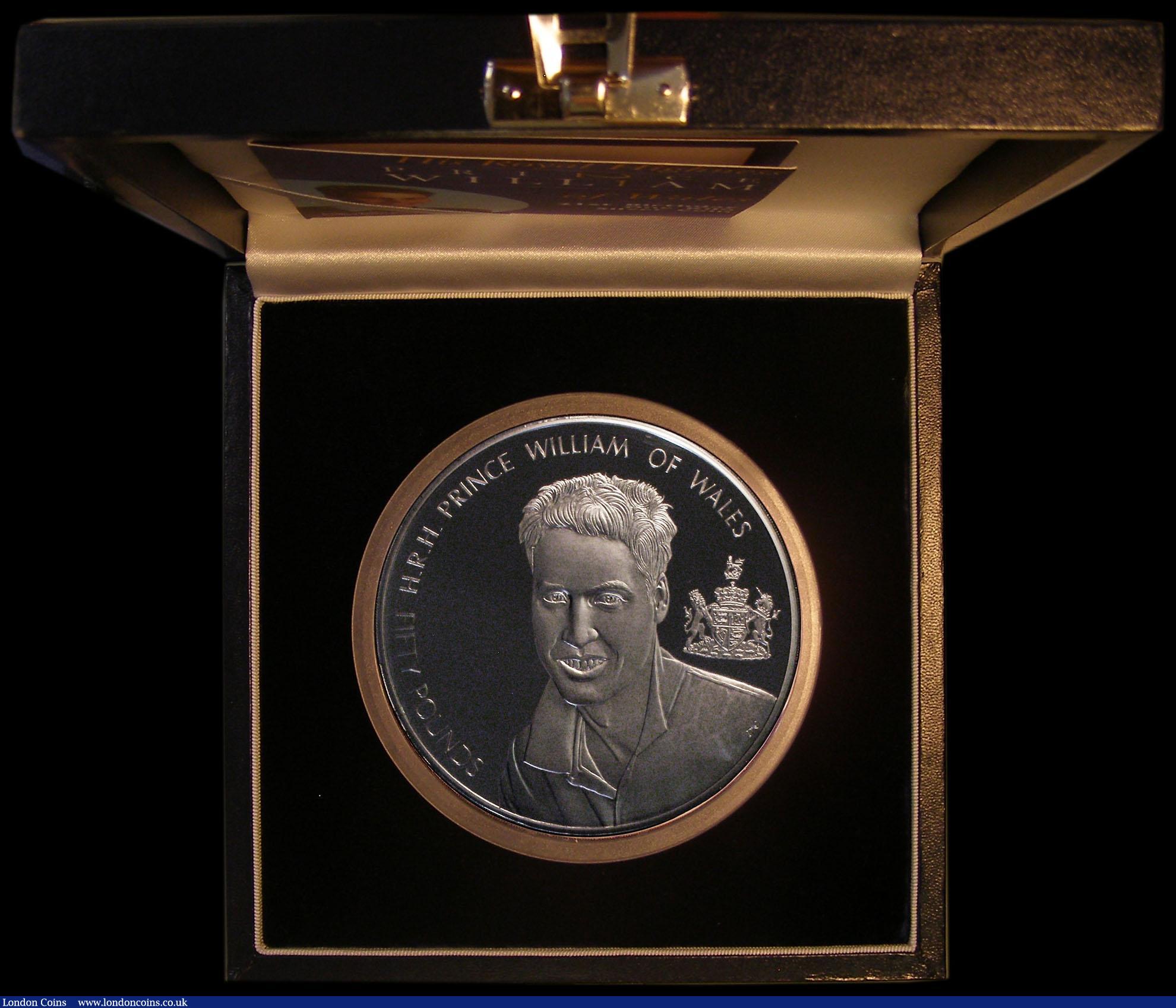 London Coins : A170 : Lot 747 : Alderney Fifty Pounds 2003 Prince William 21st Birthday One Kilo Silver Proof KM#33 FDC in the blue ...