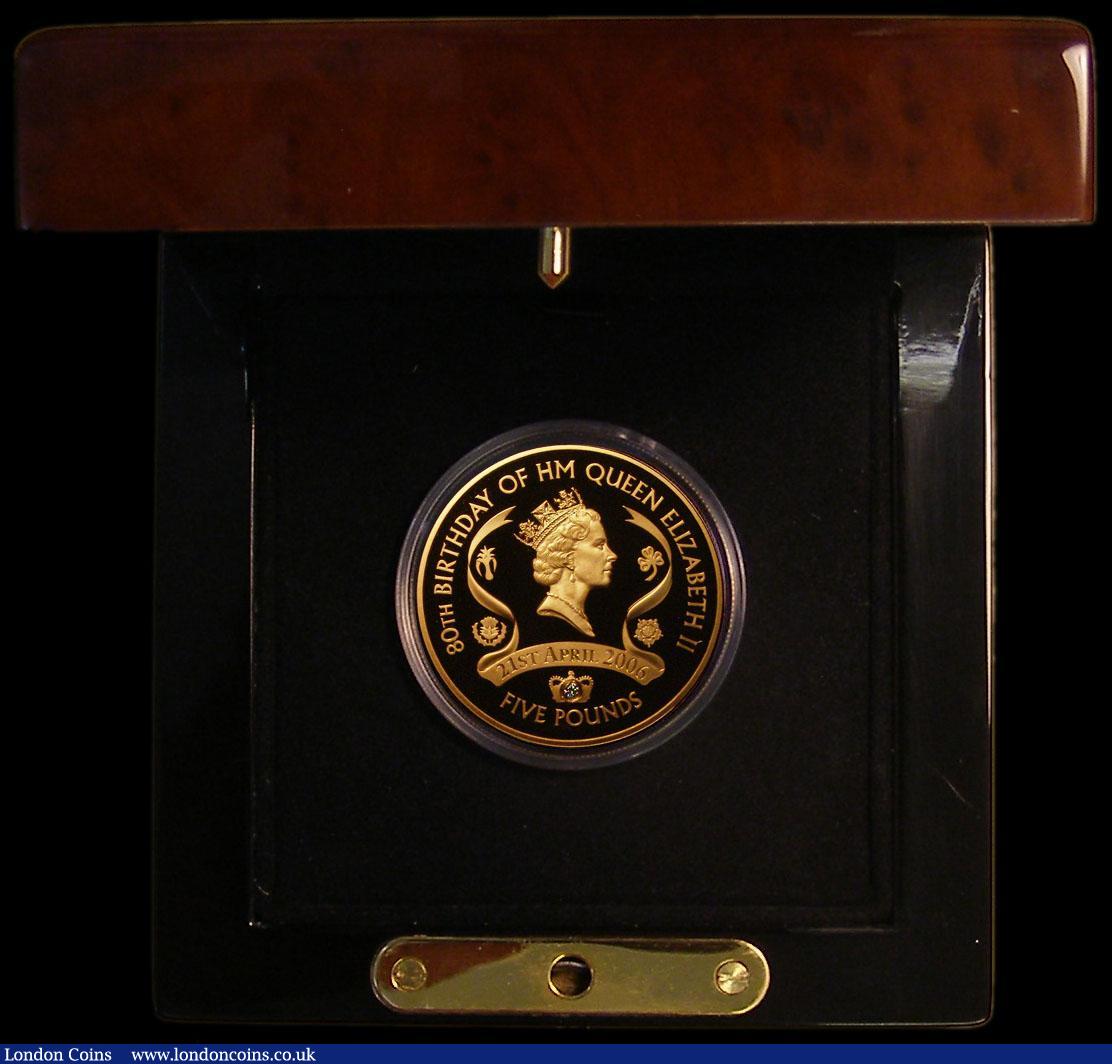 London Coins : A170 : Lot 750 : Alderney Five Pound Crown 2006 Queen Elizabeth II 80th Birthday Gold Proof with diamond set into the...