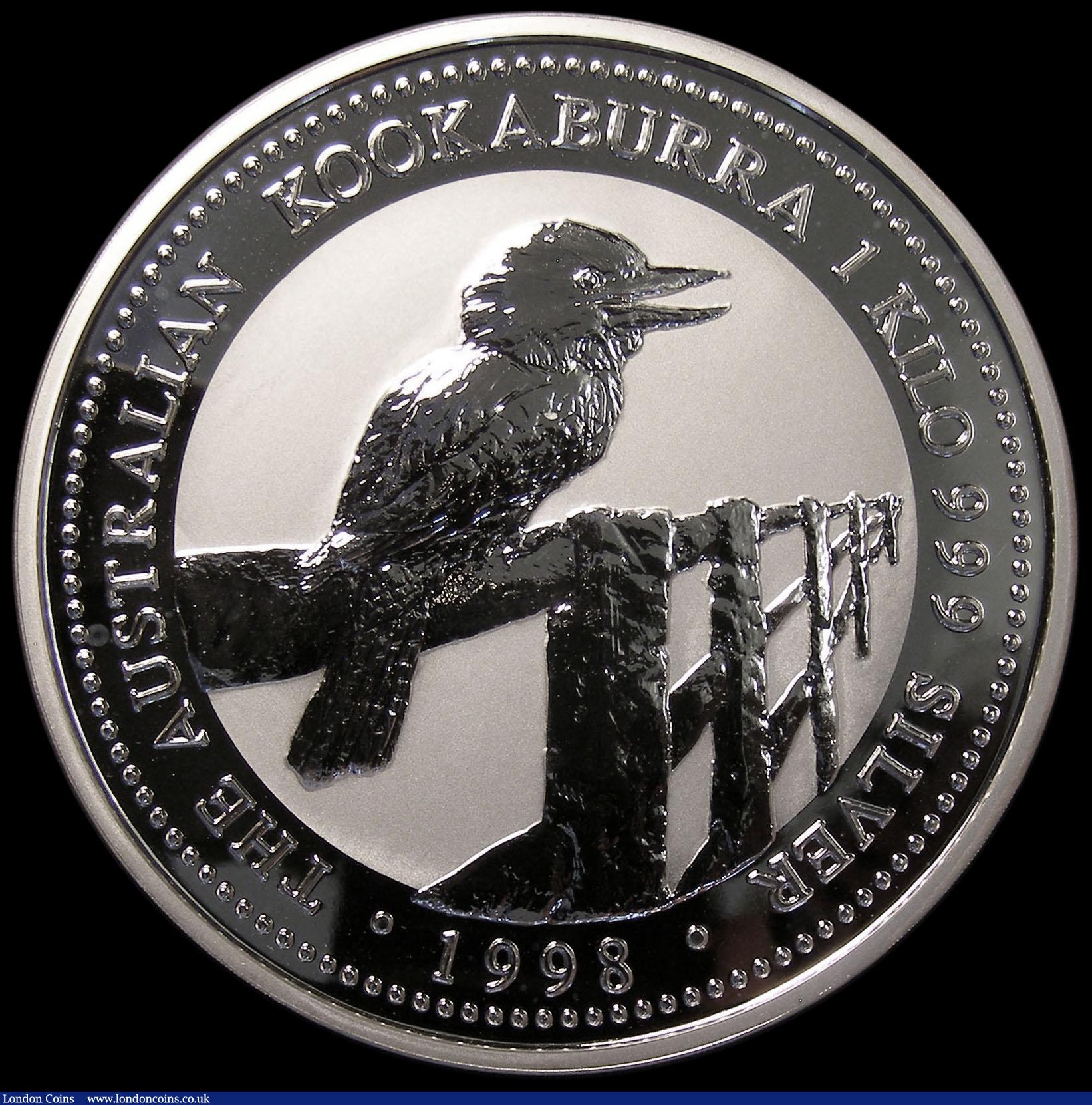 London Coins : A170 : Lot 764 : Australia 30 Dollars 1998 Kookaburra One Kilo of .999 Silver KM#495 Kookaburra on fence UNC in capsu...
