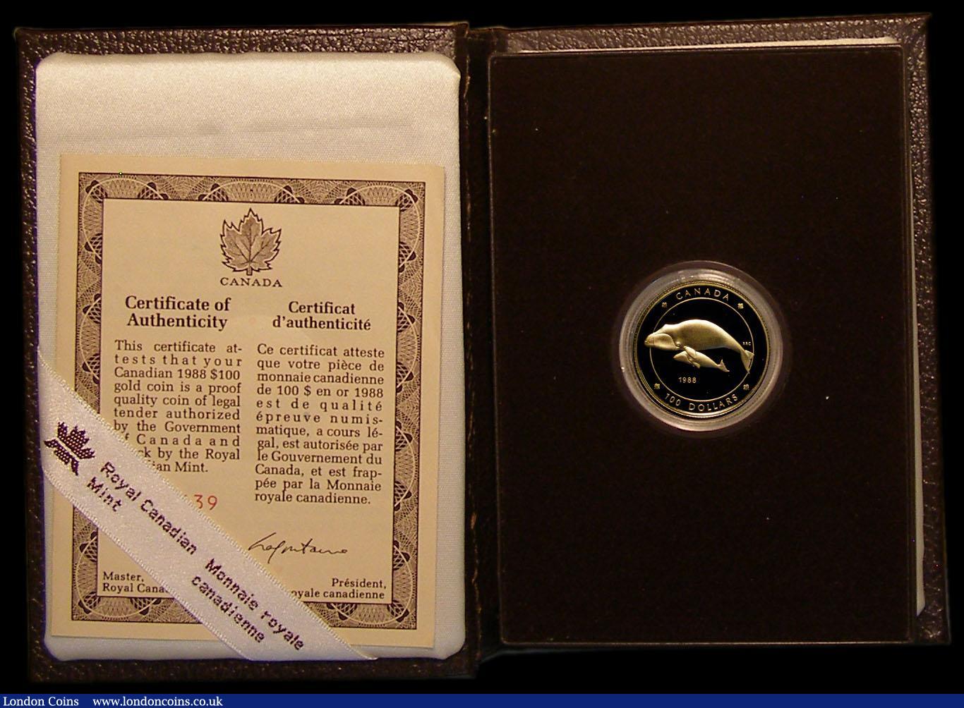 London Coins : A170 : Lot 774 : Canada $100 1988 Bowhead Whales Gold Proof KM162 FDC cased as issued with certificate, contains a qu...