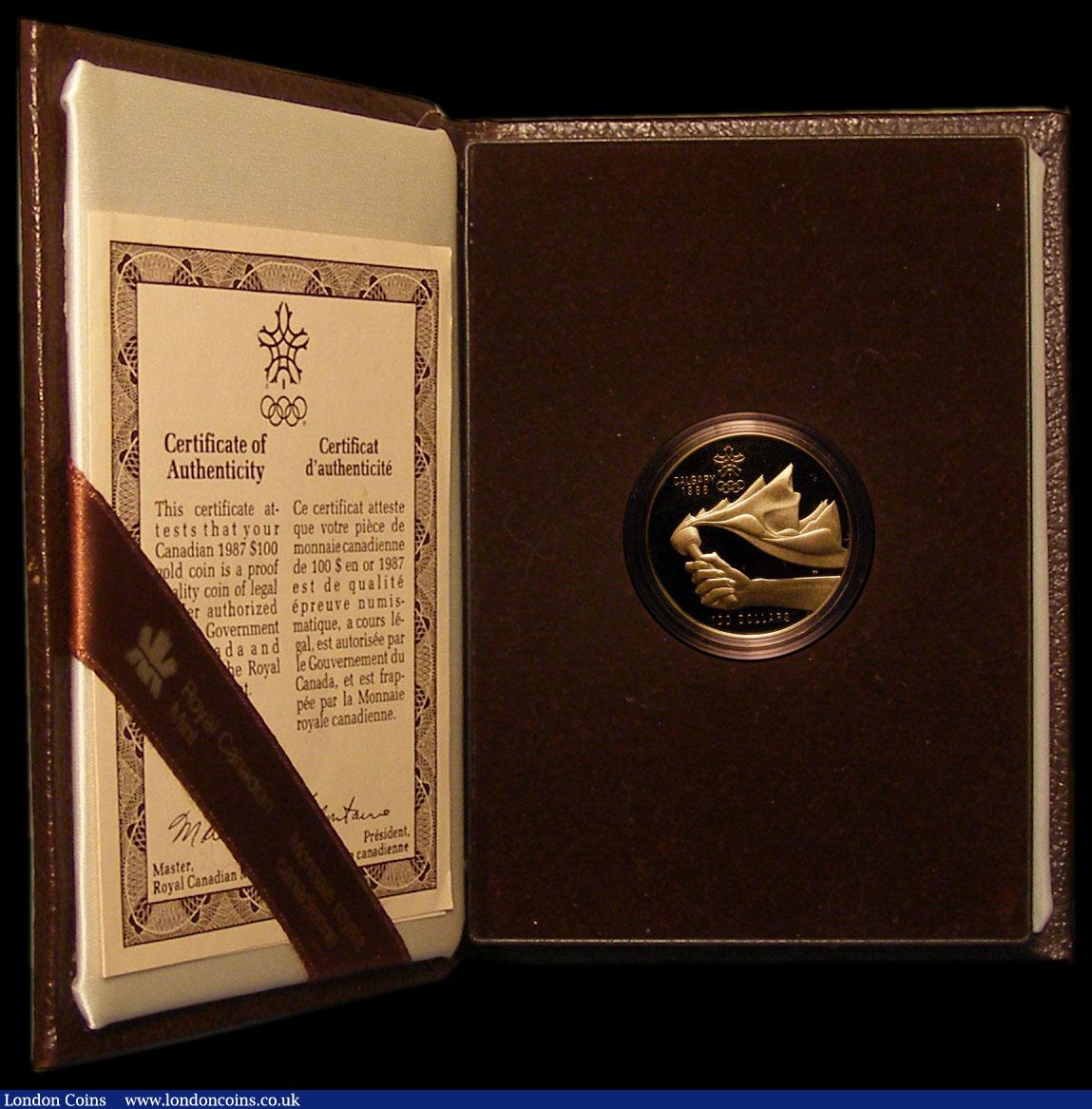 London Coins : A170 : Lot 775 : Canada $100 1988 Calgary Olympics Gold Proof KM158 FDC cased as issued with certificate, contains a ...