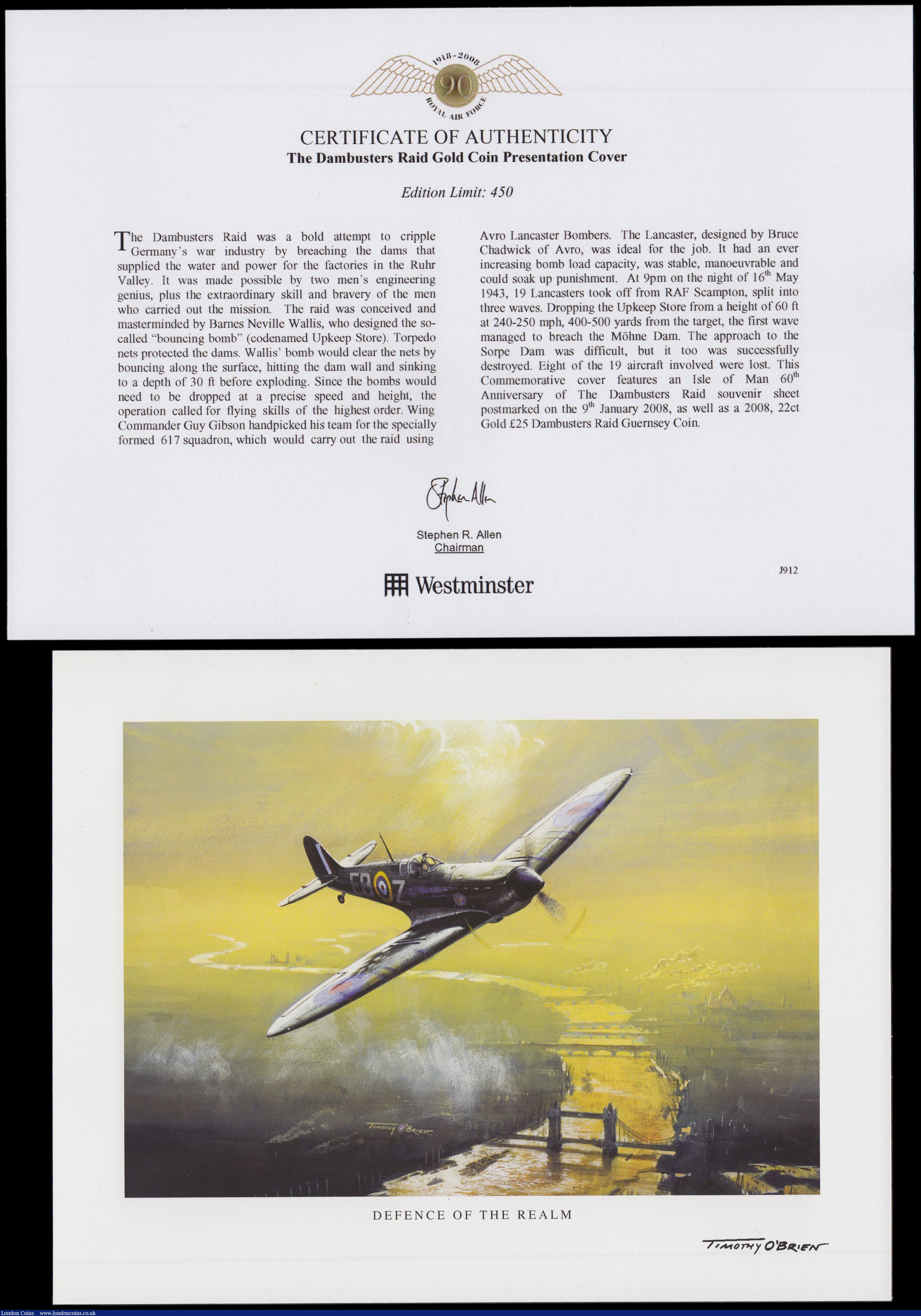 London Coins : A170 : Lot 807 : Guernsey &pound;25 2008 Gold BU Dambusters Raid in Harrington and Byrne's Coin and Stamp Cover
