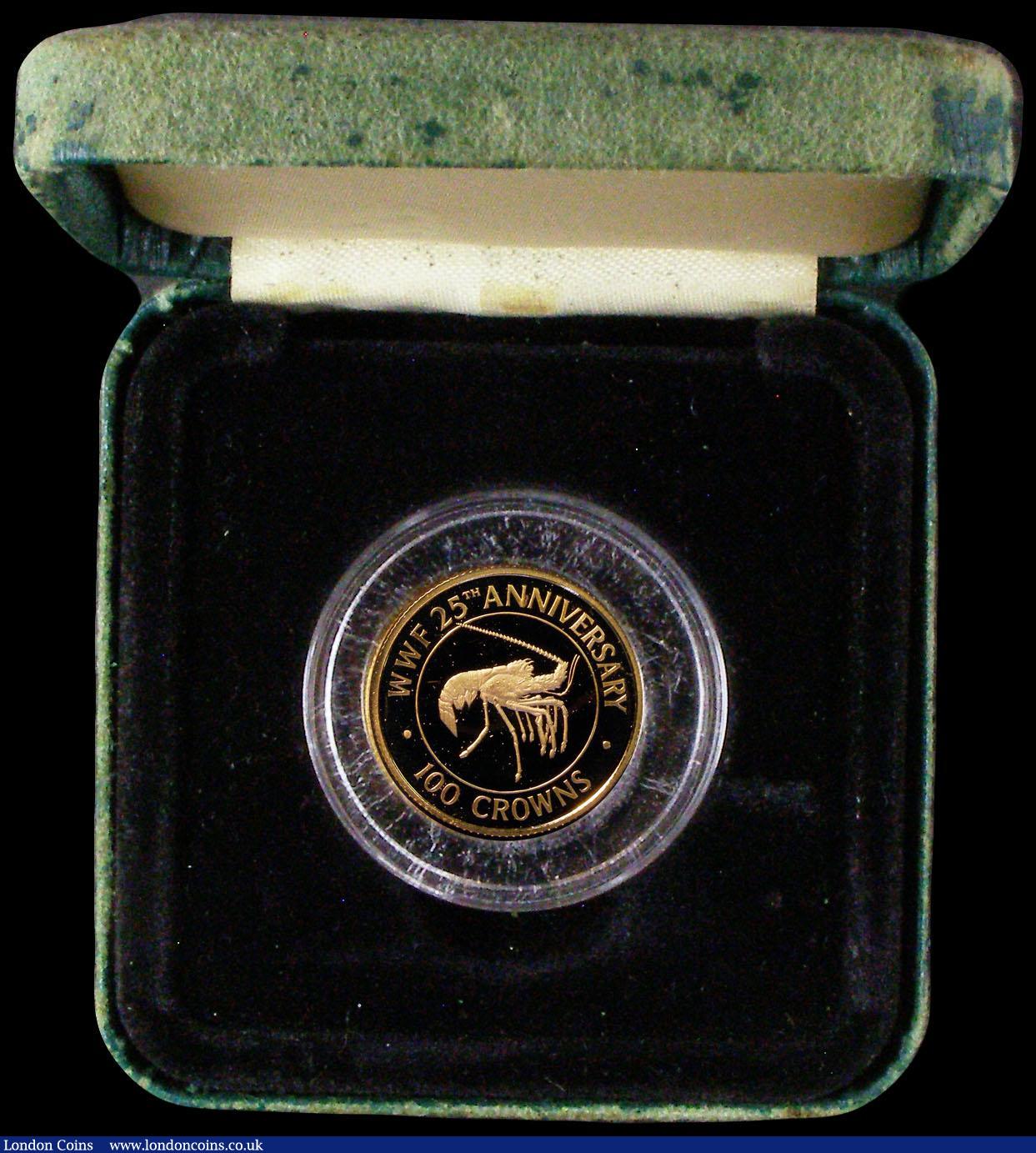 London Coins : A170 : Lot 898 : Turks and Caicos Islands 100 Crowns Gold 1988 World Wildlife Fund, Reverse: Spiny Lobster Gold Proof...