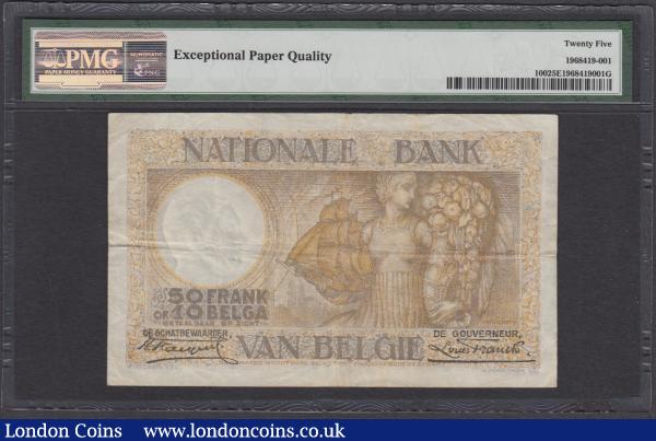 Belgium Banque Nationale 50 Francs / Frank = 10 Belgas / Belga Pick 100 dated 14th September 1927 serial number 0072B0958, in a PMG holder and graded VF 25 EPQ (Exceptional Paper Quality) and a rare note with this being one of only 3 recorded examples by the PMG Population Report at the time of writing. In brown on yellow underprint featuring a farm woman holding a sheaf of wheat and two horses. The reverse illustrating an Allegorical female figure holding a ship and a large cornucopia (a symbol of abundance & nourishment) and an industrial factory illustration in the underprint. These illustrations enframed in an exquisitely designed frame with agricultural produce, flowers and stars. A few tonal blue outlines appear on the note to attribute to the fabulous design. Watermarked with a bust of King Leopold I of Belgium. : World Banknotes : Auction 170 : Lot 138