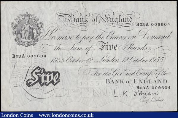 Five Pounds O'Brien White note B276 Thin paper Metal thread LONDON branch issue dated 12th October 1955 serial number B03A 009604, presentable VF or slightly better minor edge nick at lower right and a clear glue repaired 11mm tear at upper centre : English Banknotes : Auction 170 : Lot 85