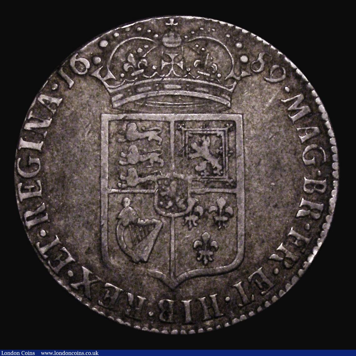 London Coins : A171 : Lot 1505 : Halfcrown 1689 First Shield Caul only frosted with pearls, the frosting very faint, ESC 505, Bull 83...
