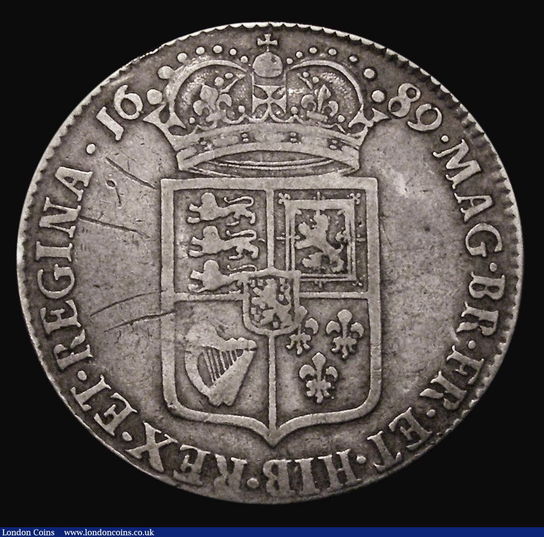 London Coins : A171 : Lot 1509 : Halfcrown 1689 First Shield, Caul only frosted, with pearls, ESC 505, Bull 831 Near Fine with some o...