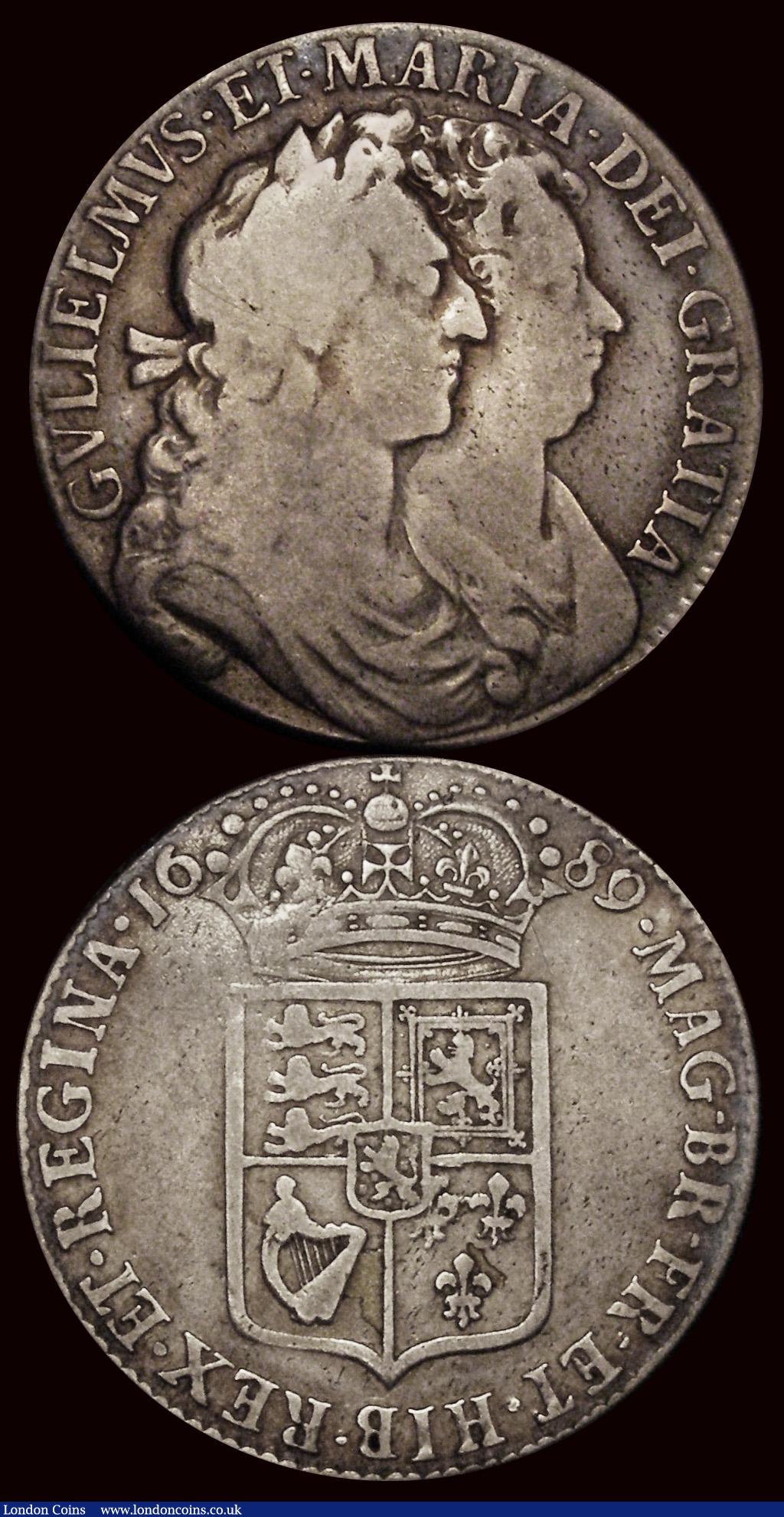 London Coins : A171 : Lot 1554 : Halfcrowns (2) 1689 First Shield, Caul only frosted, with pearls ESC 505, Bull 831 VG or better, 174...