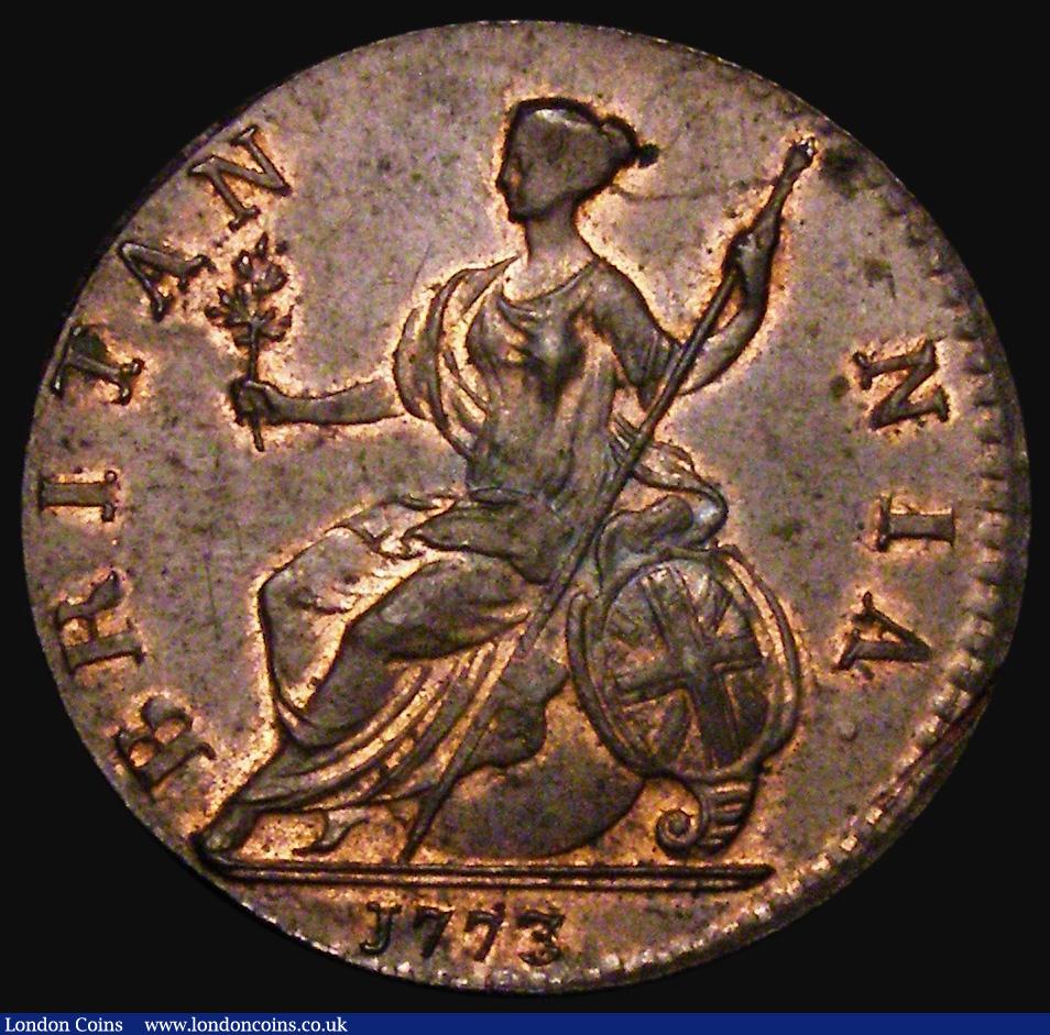 London Coins : A171 : Lot 1565 : Halfpenny 1773 No Stop after REX Peck 905 EF with traces of lustre on both sides, a small spot on ei...