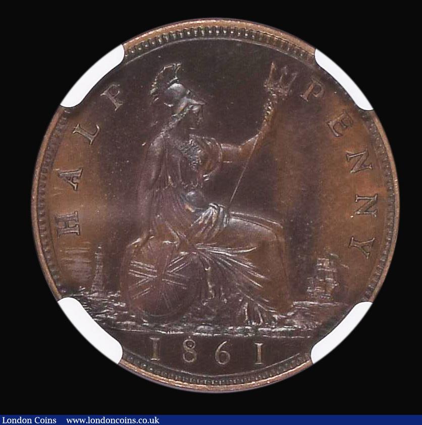 London Coins : A171 : Lot 1574 : Halfpenny 1861 Freeman 281 dies 7+F, Copper Proof in an NGC holder and graded PF63 BN, Very Rare and...