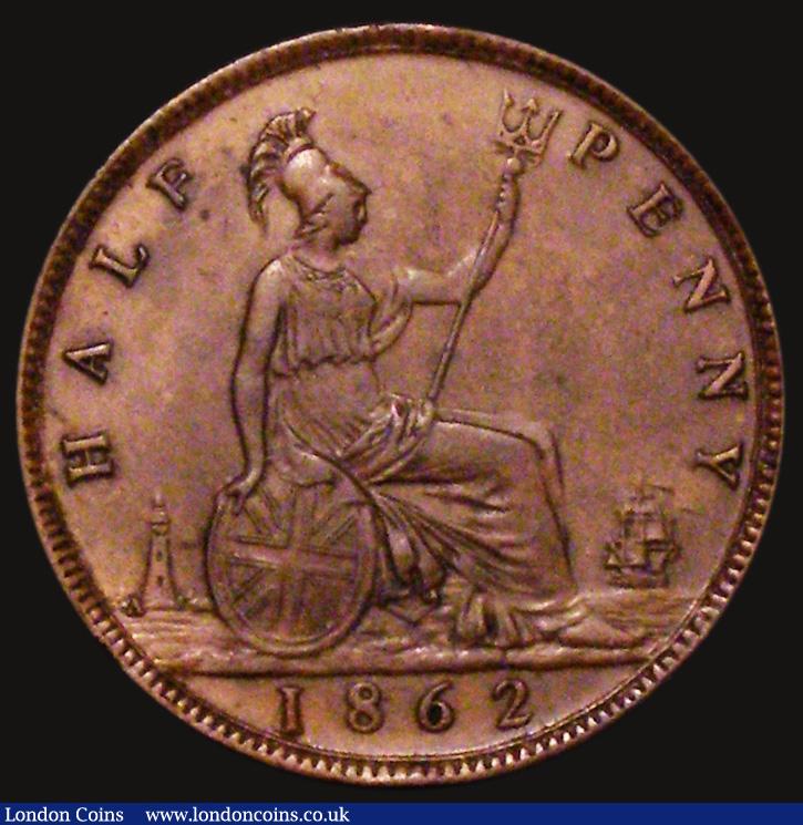 London Coins : A171 : Lot 1576 : Halfpenny 1862 Die Letter A to the left of the lighthouse, Freeman 290A, dies 7+G, NEF evenly toned,...