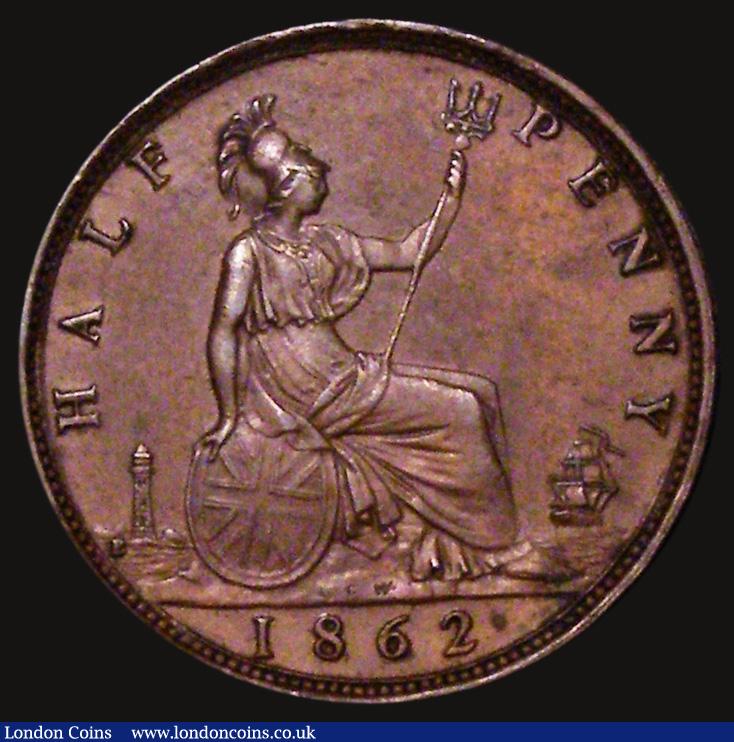 London Coins : A171 : Lot 1577 : Halfpenny 1862 Die Letter B to the left of the lighthouse, Freeman 288, dies 7+E, LCW on rock. EF/NE...