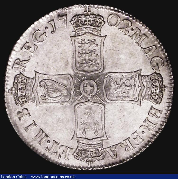 London Coins : A171 : Lot 1612 : Shilling 1702 First Bust, Plain below bust and in angles, ESC 1128, Bull 1385 NEF/EF with a thin scr...