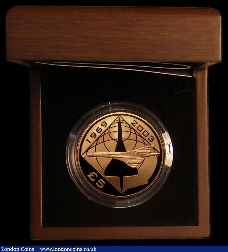 London Coins : A171 : Lot 433 : Alderney Five Pounds 2008 5th Anniversary of the last flight of Concorde Gold Proof KM#190b Reverse ...