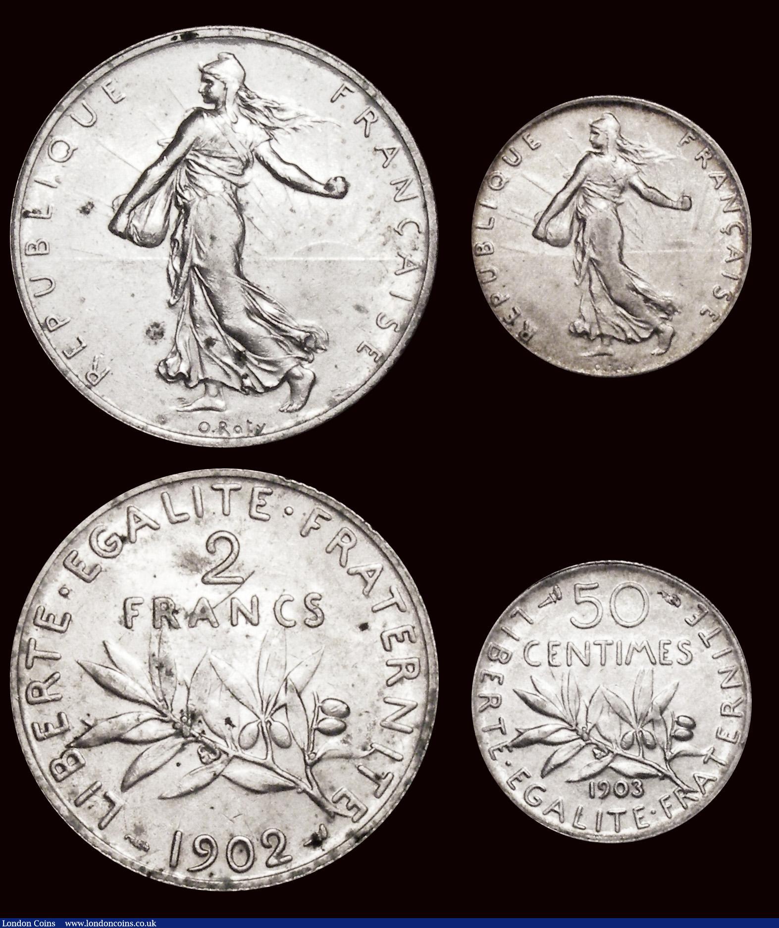 London Coins : A171 : Lot 581 : France (3) 50 Centimes 1903 KM#854 A/UNC and lustrous, Rare, 2 Francs (2) 1902 KM#845.1 EF with a fe...